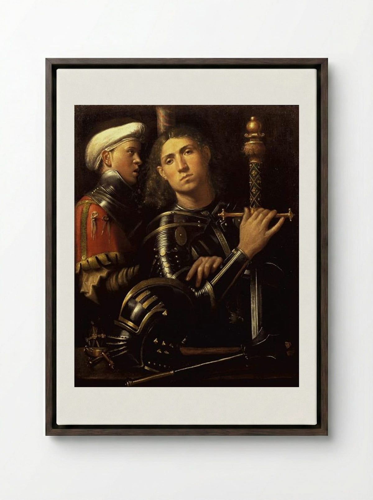 Warrior with Groom - Giorgione - Framed Canvas Dark Wood