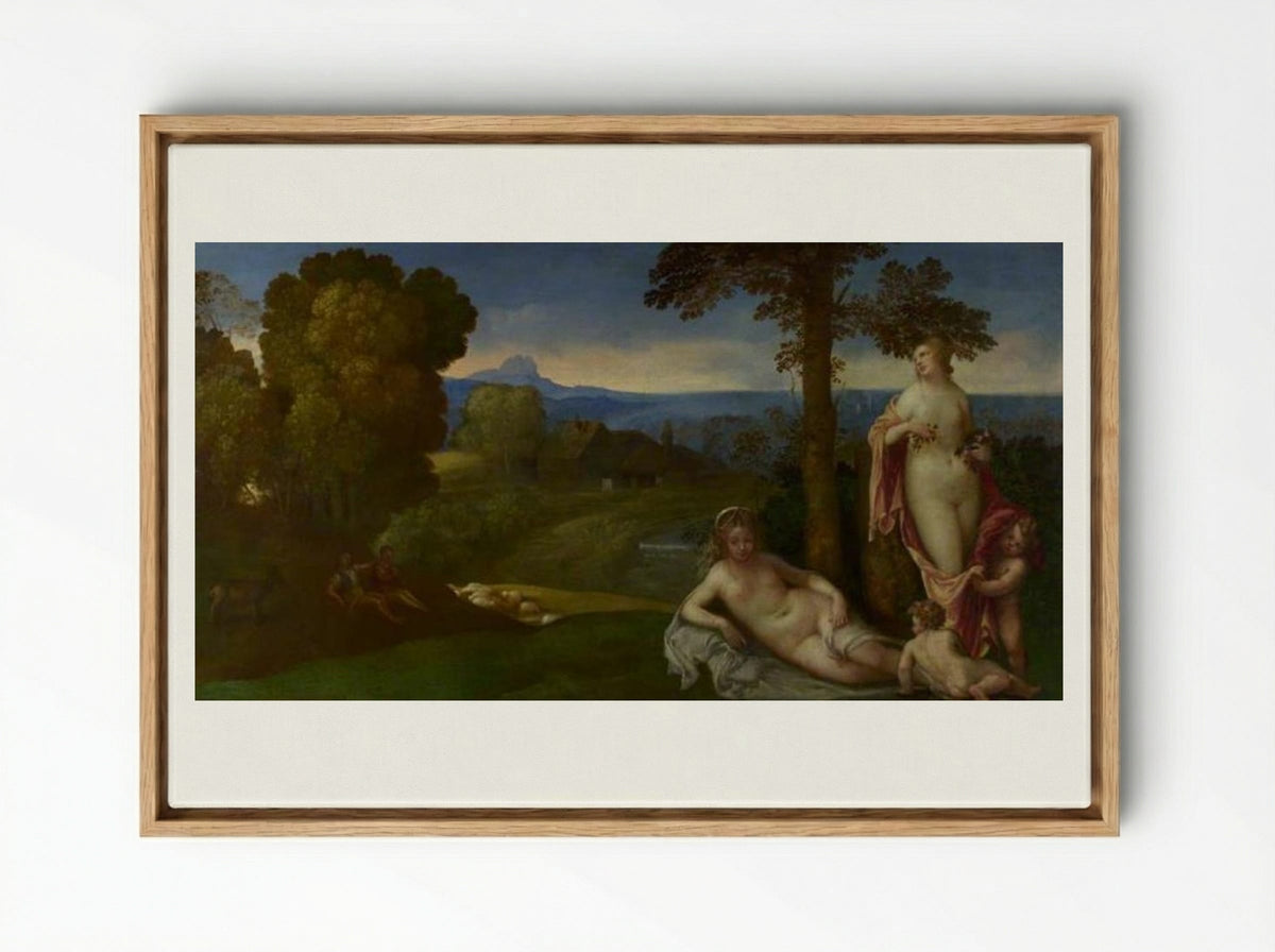 Nymphs and Children in a Landscape with Shepherds - Giorgione - Framed Canvas Wood