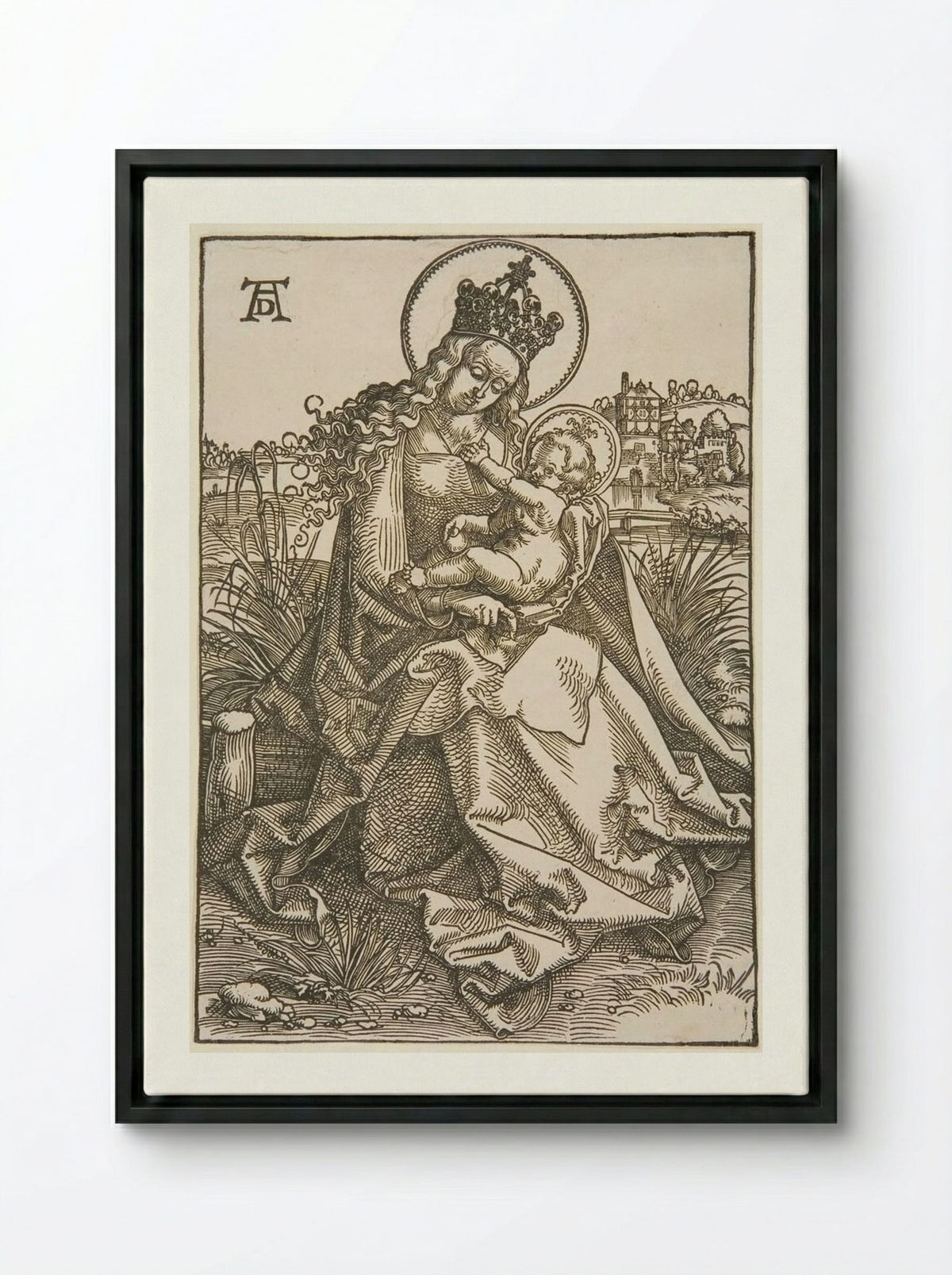 Madonna and Child on a Grassy Bank - Hans Baldung Grien - Framed Canvas Black