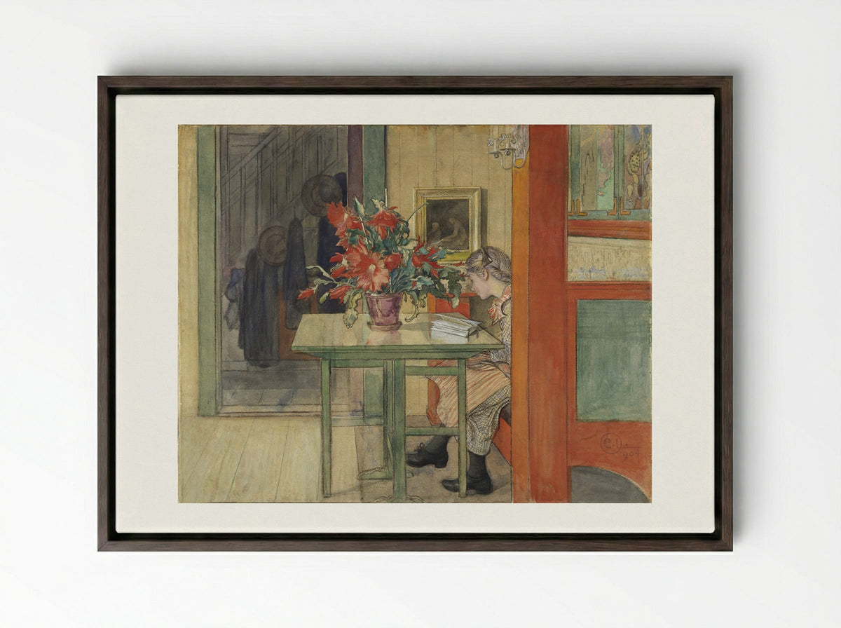 Lisbeth Reading - Carl Larsson - Framed Canvas Dark Wood
