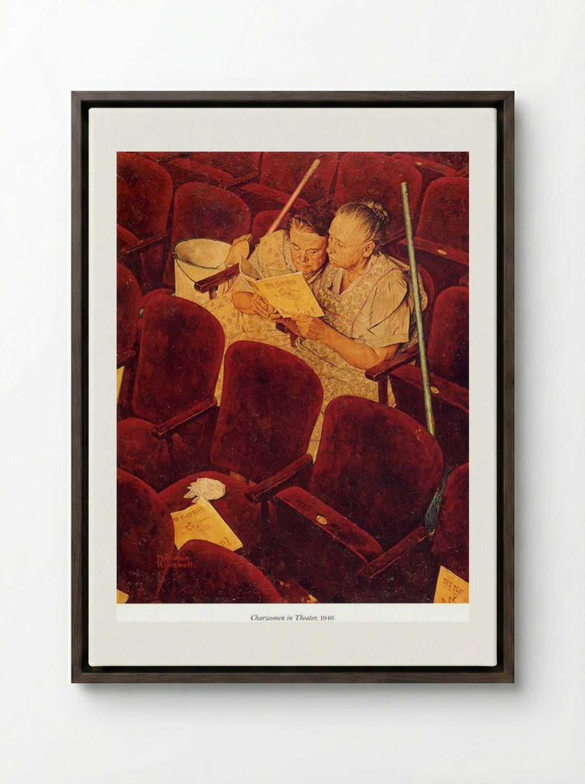 Charwomen in Theater - Norman Rockwell - Framed Canvas Dark Wood