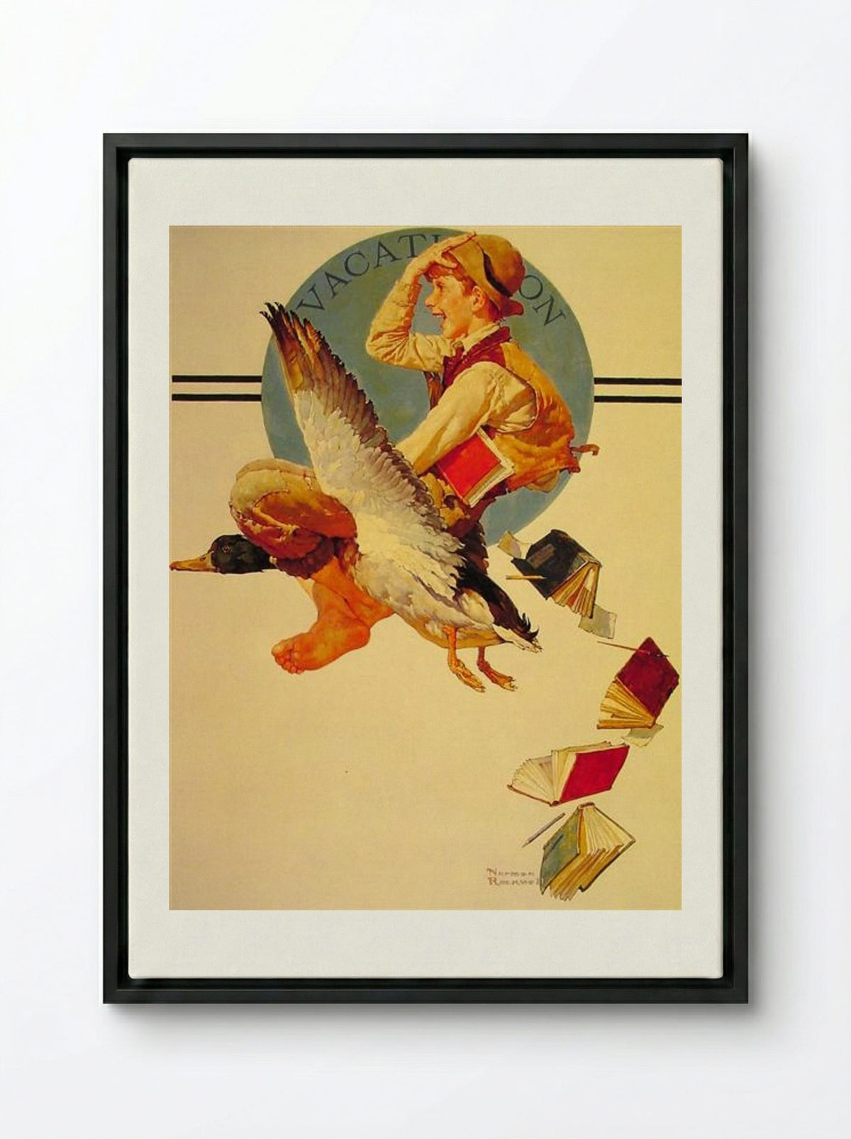 Vacation (Boy Riding a Goose) - Norman Rockwell - Framed Canvas Black