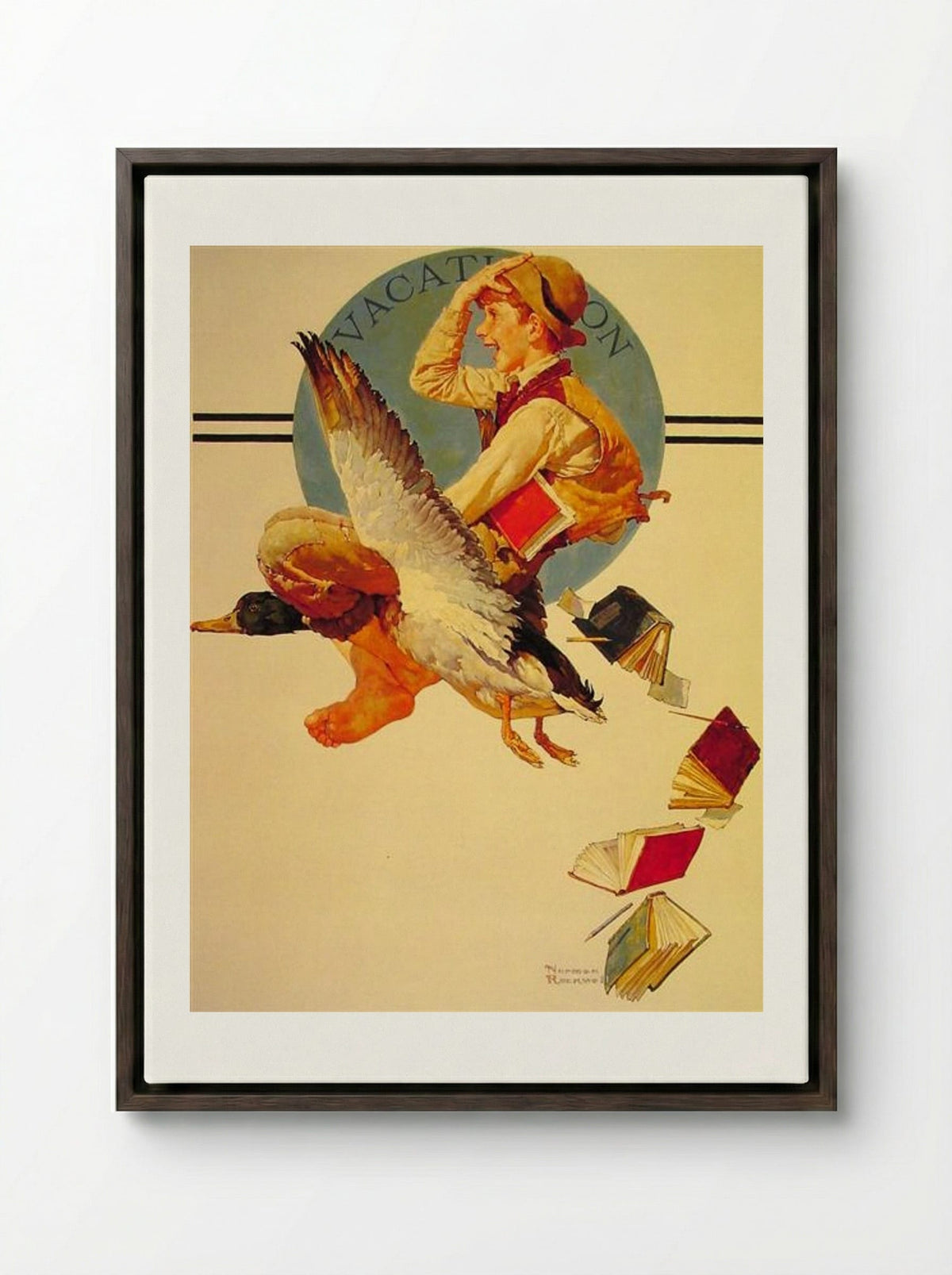 Vacation (Boy Riding a Goose) - Norman Rockwell - Framed Canvas Dark Wood