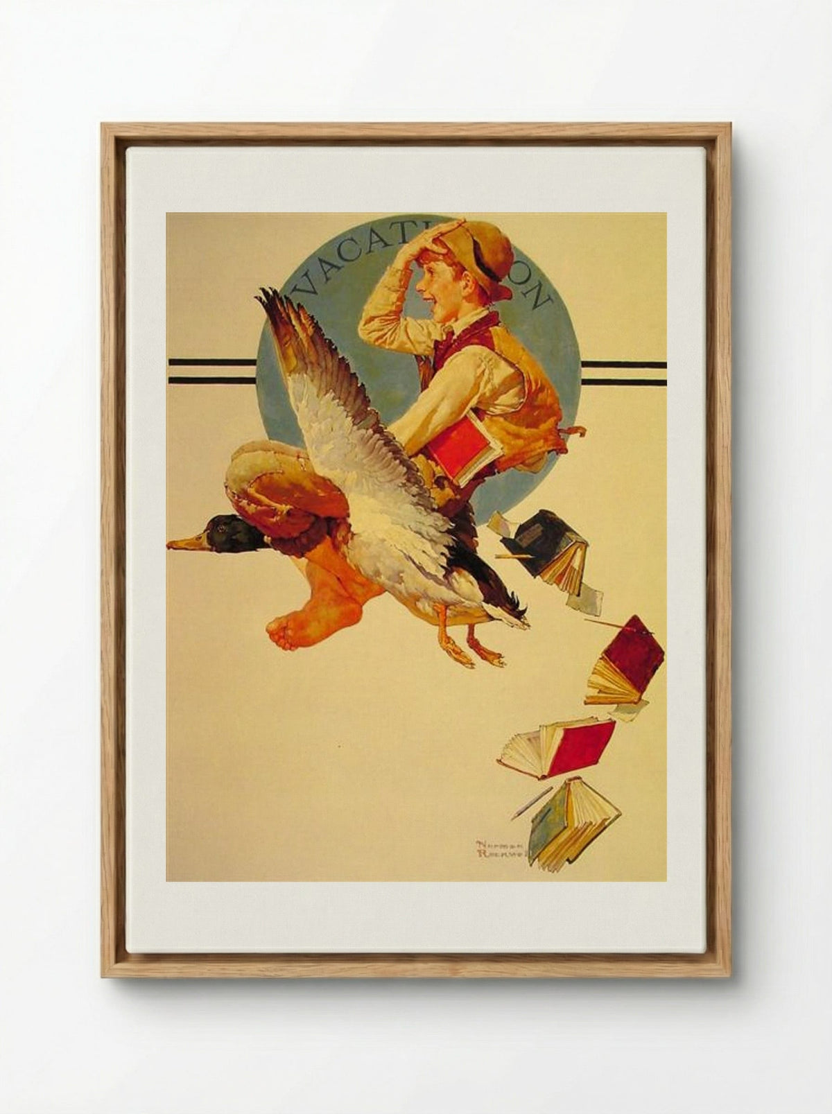 Vacation (Boy Riding a Goose) - Norman Rockwell - Framed Canvas Wood