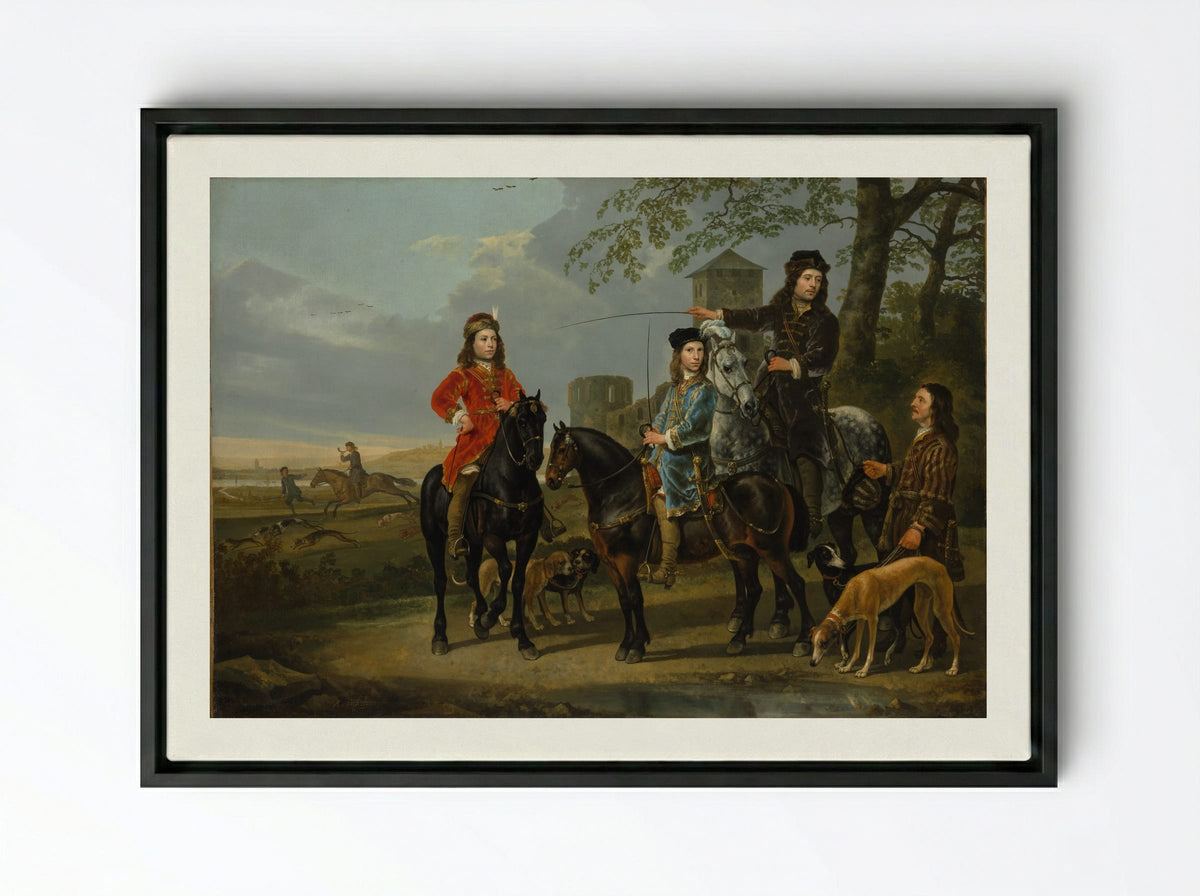 Equestrian Portrait of Cornelis and Michiel Pompe van Meerdervoort with Their Tutor and Coachman - Aelbert Cuyp - Framed Canvas Black