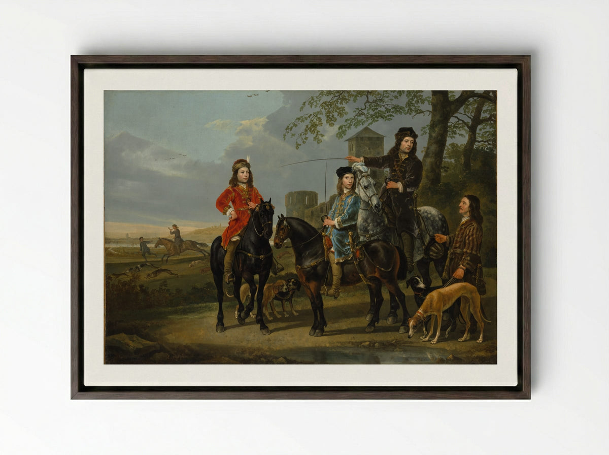 Equestrian Portrait of Cornelis and Michiel Pompe van Meerdervoort with Their Tutor and Coachman - Aelbert Cuyp - Framed Canvas Dark Wood