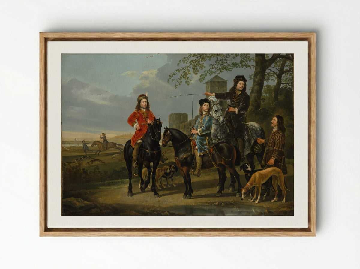 Equestrian Portrait of Cornelis and Michiel Pompe van Meerdervoort with Their Tutor and Coachman - Aelbert Cuyp - Framed Canvas Wood