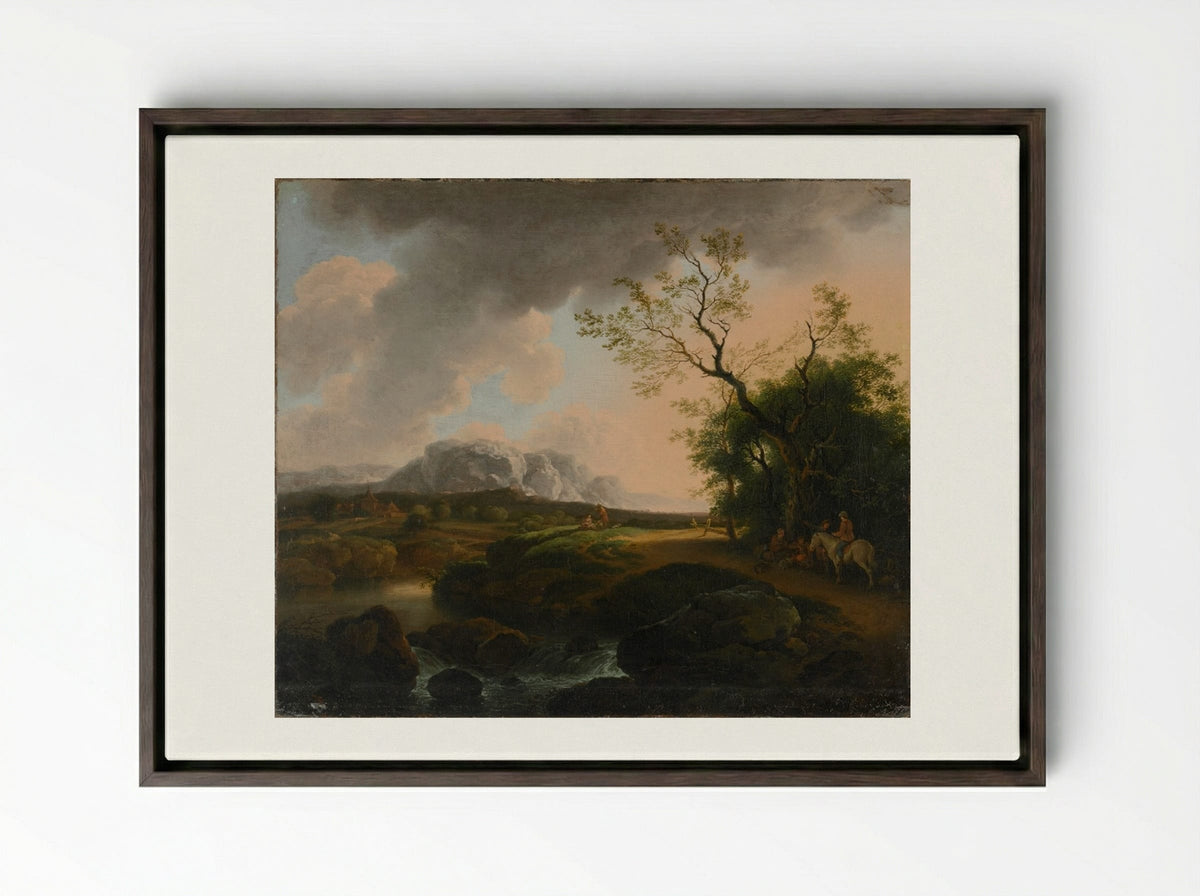 Landscape with Travelers - Ferdinand Kobell - Framed Canvas Dark Wood