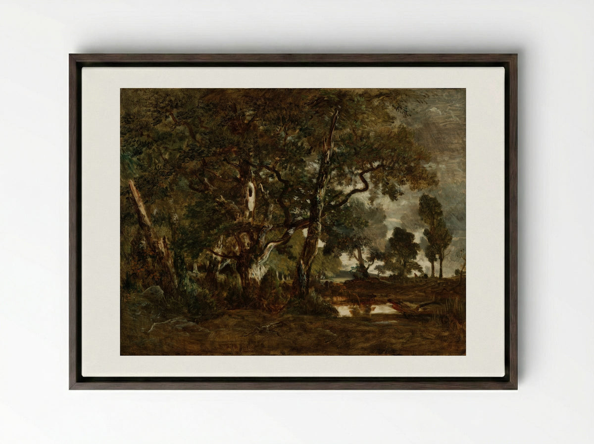 Rendez-vous de chasse, Forest of Fontainebleau - Théodore Rousseau - Framed Canvas Dark Wood
