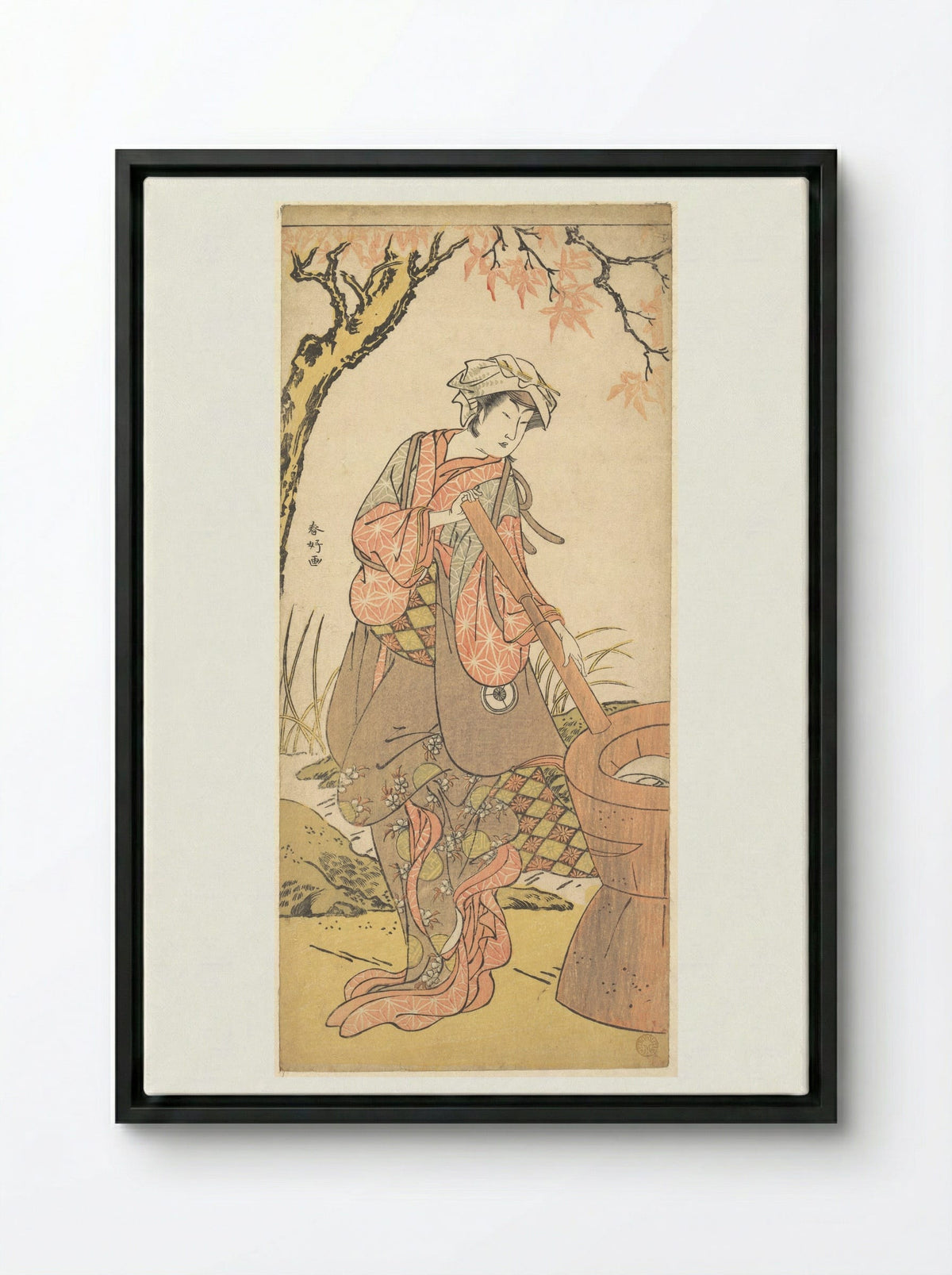 Iwai Kiyotaro in a Shosa Act, Holding a Kine (Pestle) - Katsukawa Shunkō - Framed Canvas Black