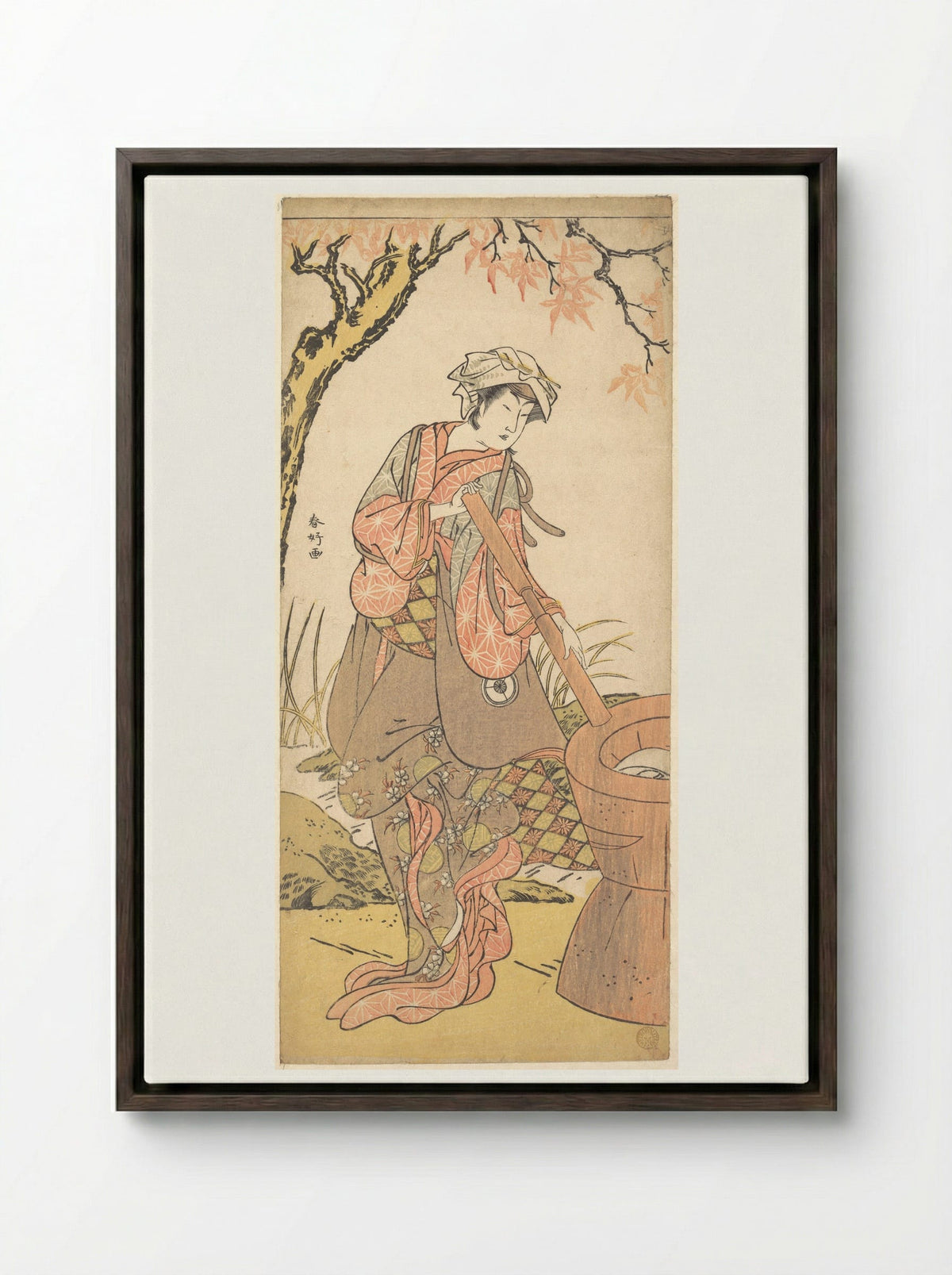 Iwai Kiyotaro in a Shosa Act, Holding a Kine (Pestle) - Katsukawa Shunkō - Framed Canvas Dark Wood