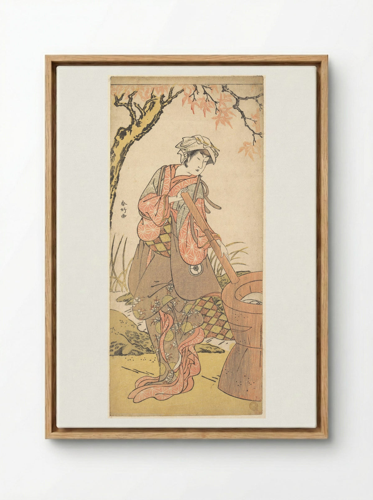 Iwai Kiyotaro in a Shosa Act, Holding a Kine (Pestle) - Katsukawa Shunkō - Framed Canvas Wood