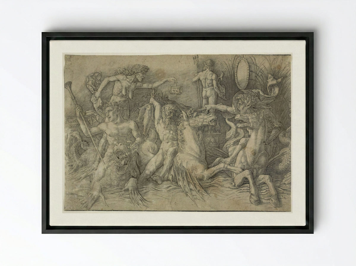Battle of the Sea Gods: Left Half - Andrea Mantegna - Framed Canvas Black