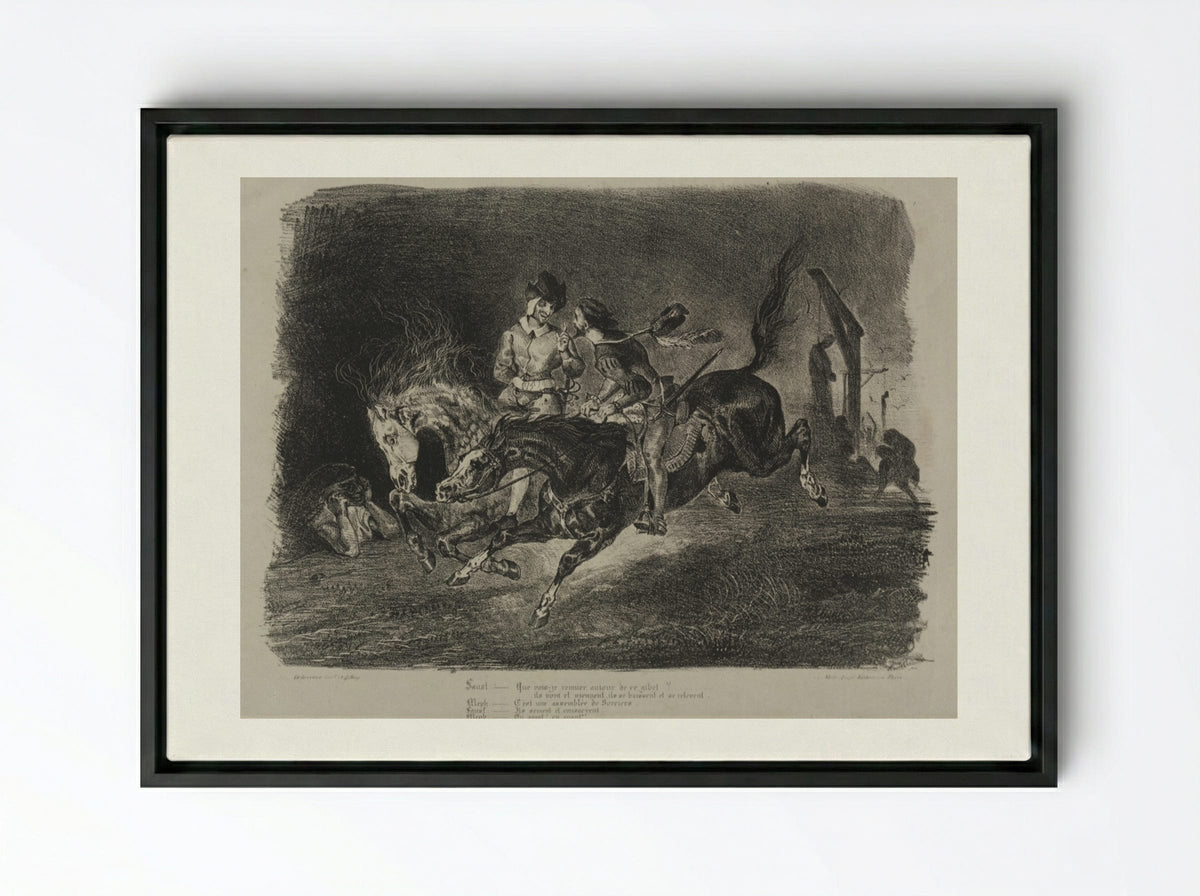 Faust and Méphistophélés riding to the Witches' Sabbath - Eugène Delacroix - Framed Canvas Black