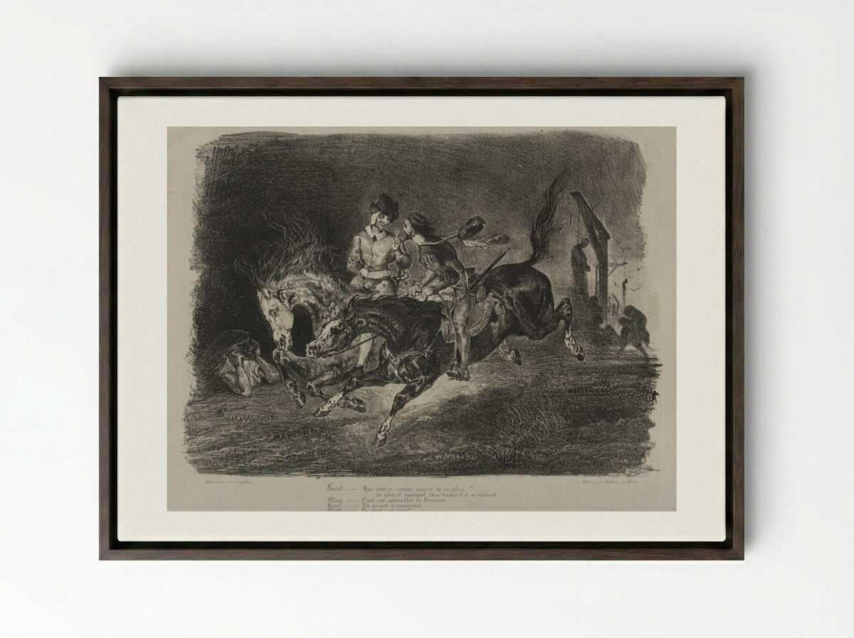 Faust and Méphistophélés riding to the Witches' Sabbath - Eugène Delacroix - Framed Canvas Dark Wood