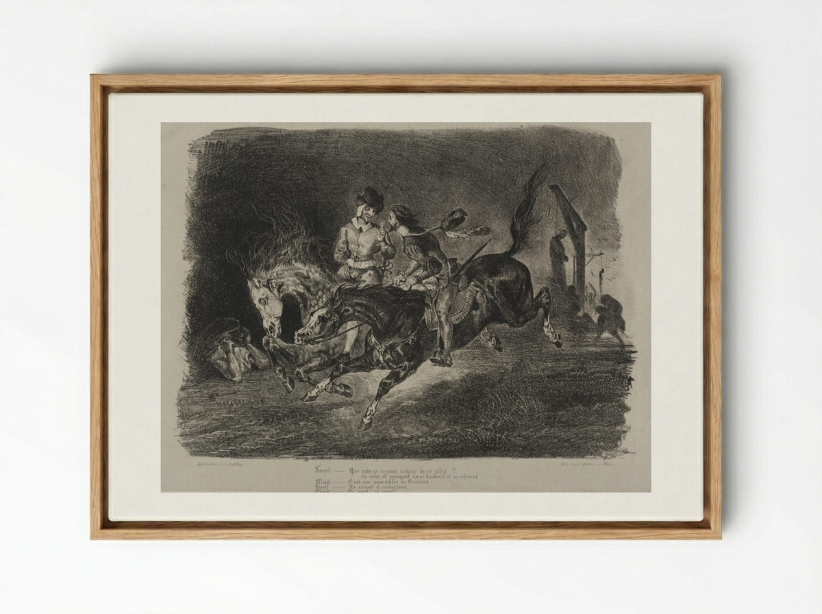 Faust and Méphistophélés riding to the Witches' Sabbath - Eugène Delacroix - Framed Canvas Wood