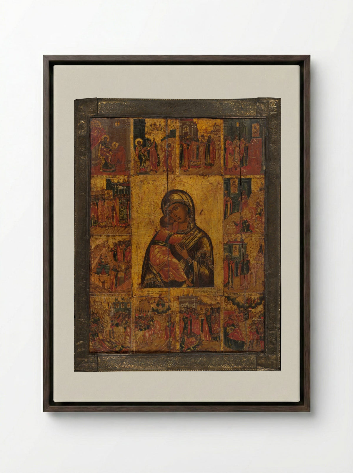The Virgin of Vladimir with Twelve Scenes - Fine Art Print - Framed Canvas Dark Wood