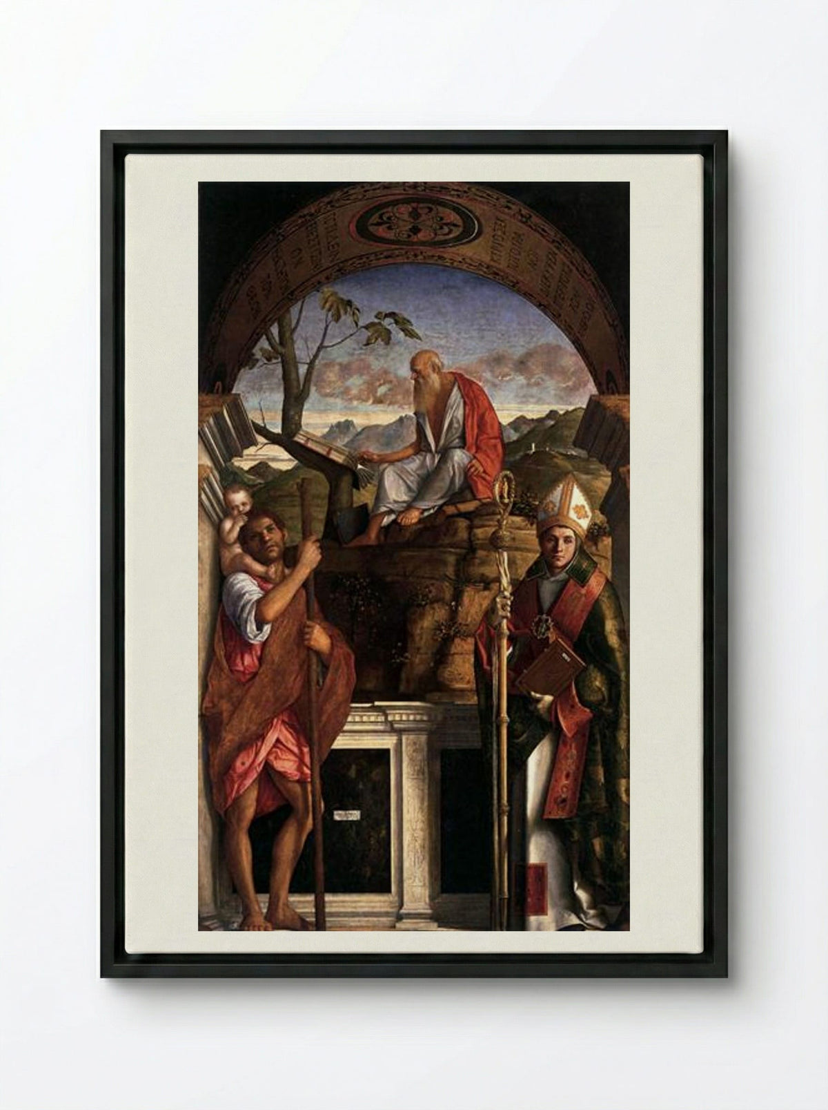 St. Jerome, St. Christopher and St. Augustine - Giovanni Bellini - Framed Canvas Black