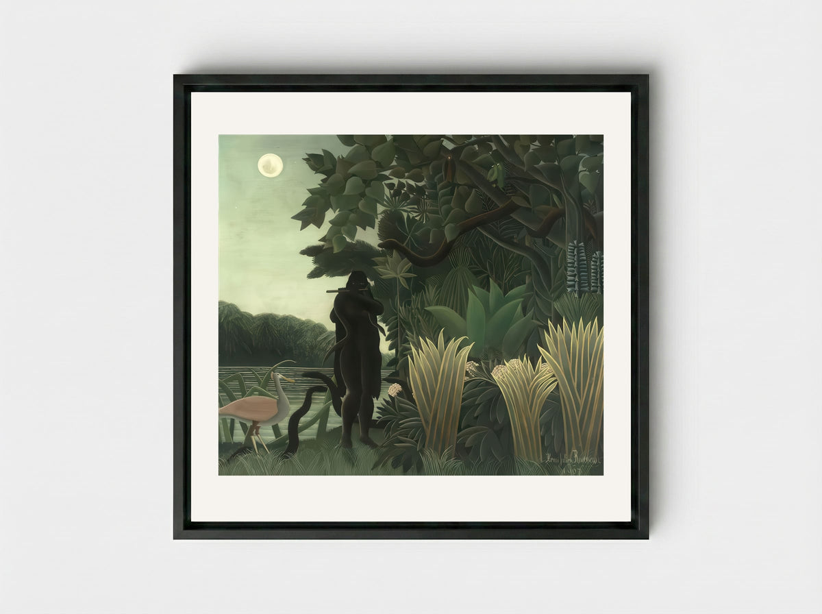 The Snake Charmer by Henri Rousseau – Naïve Art Jungle Mystery Print - Framed Canvas Black