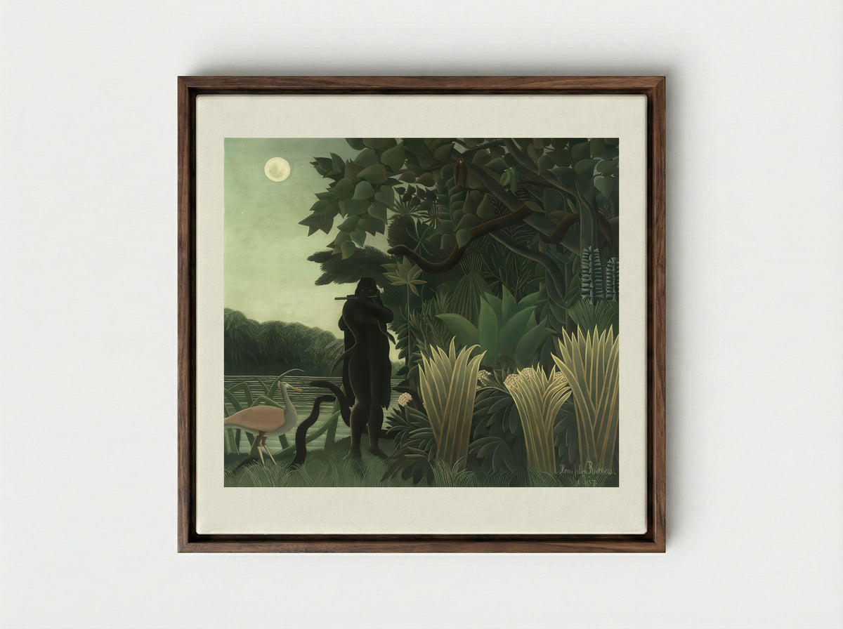 The Snake Charmer by Henri Rousseau – Naïve Art Jungle Mystery Print - Framed Canvas Dark Wood