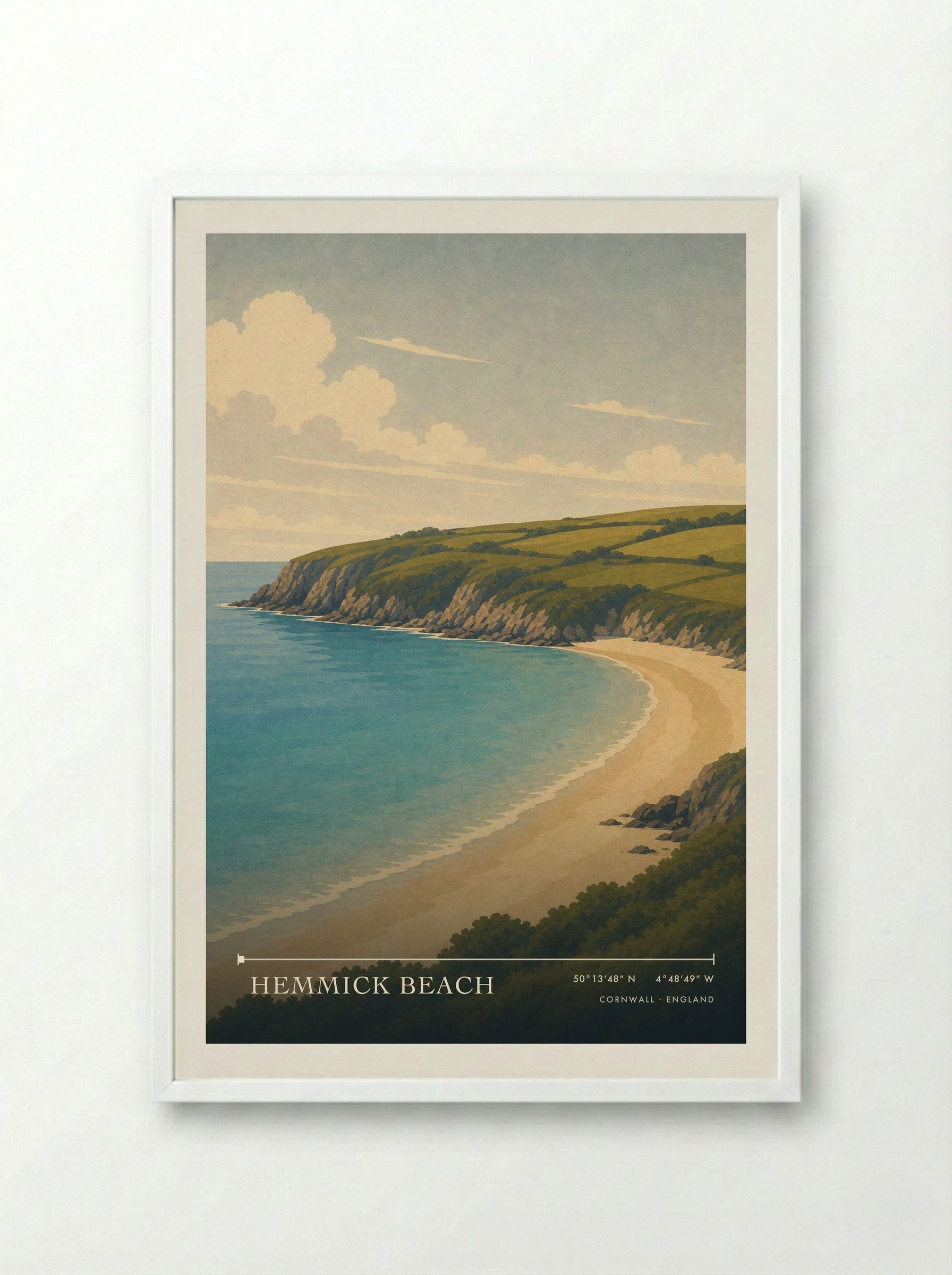 Hemmick Beach Cornwall England Travel Poster - Framed Print White