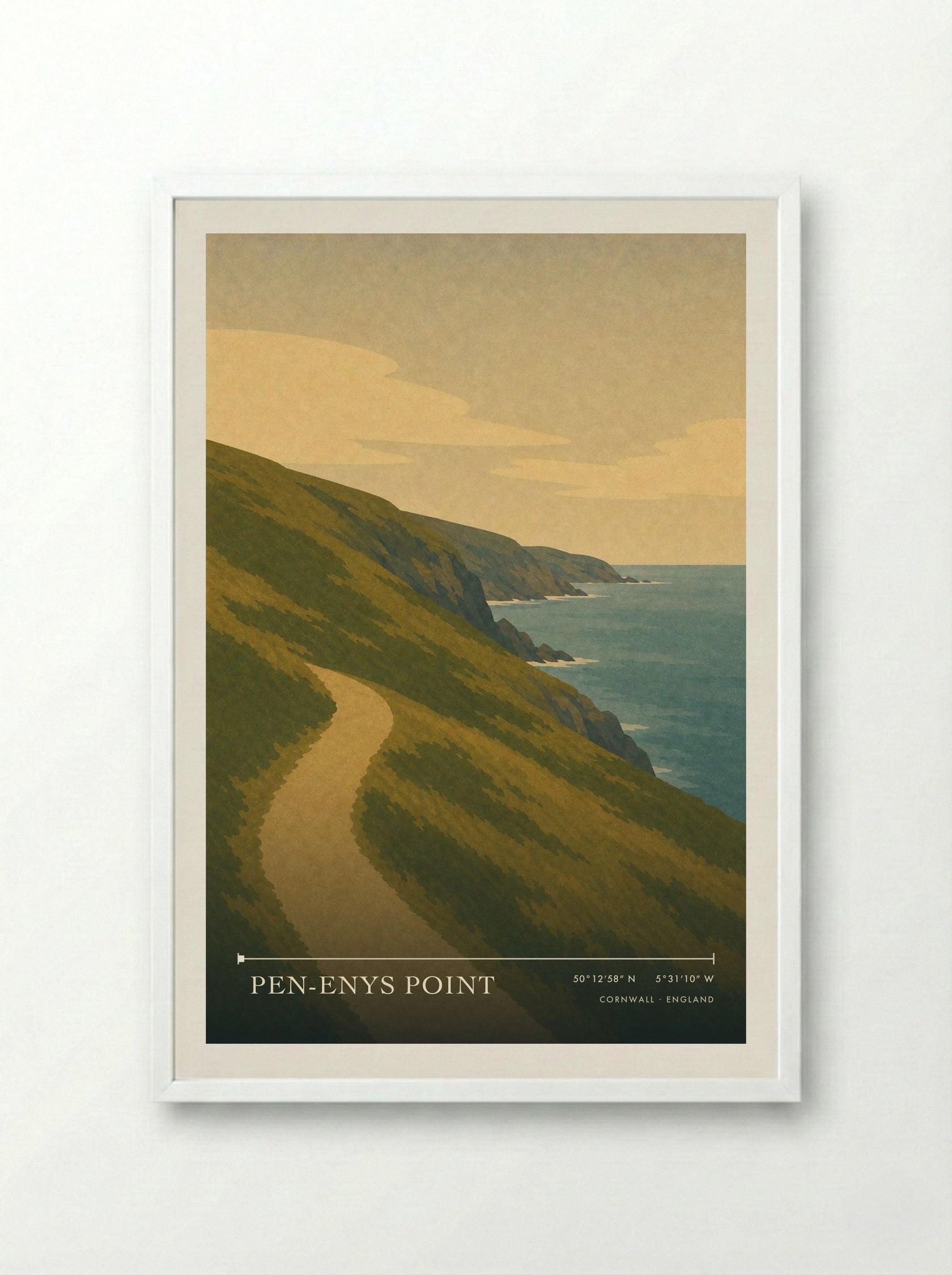Pen-Enys Point Cornwall England Travel Poster - Framed Print White