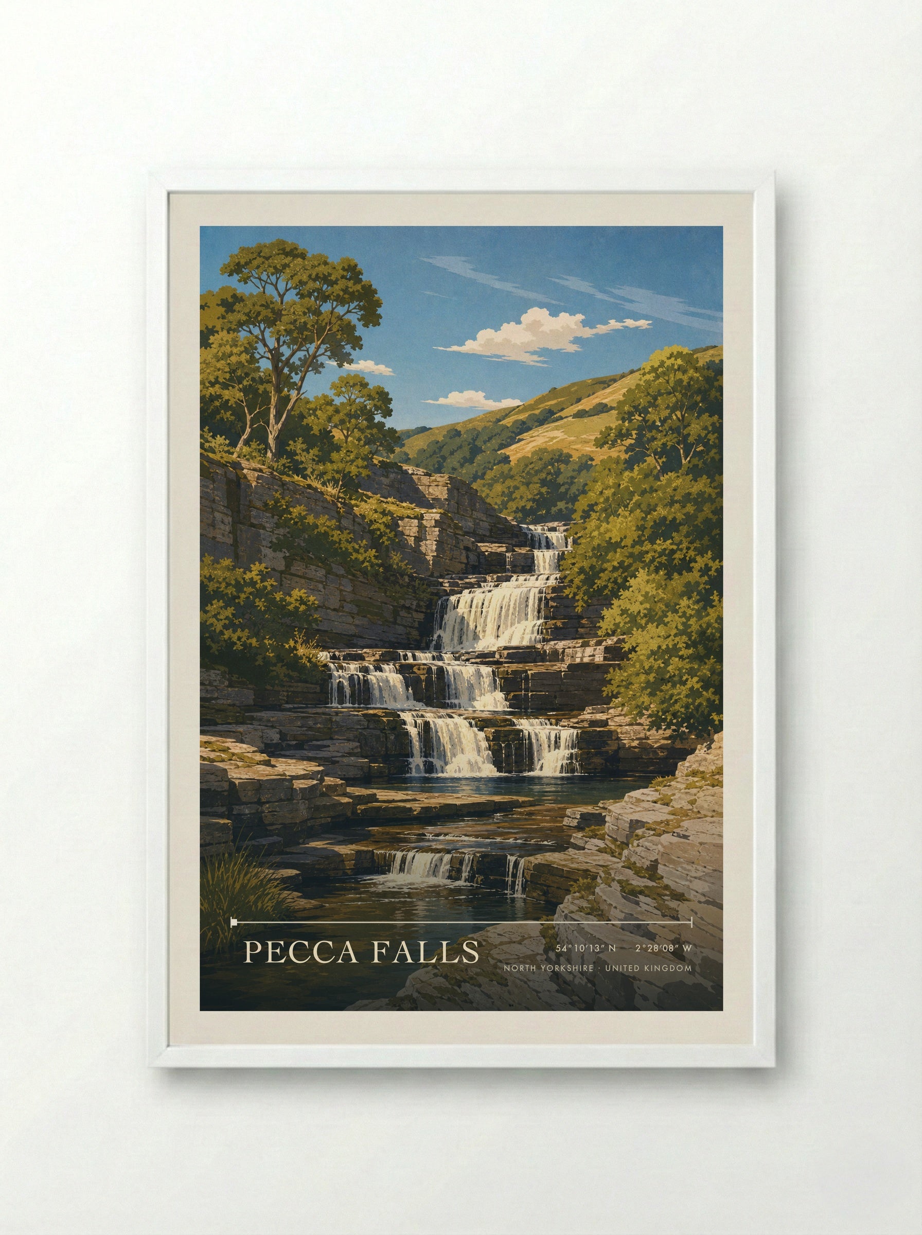 Pecca Falls North Yorkshire United Kingdom Travel Poster - Framed Print White