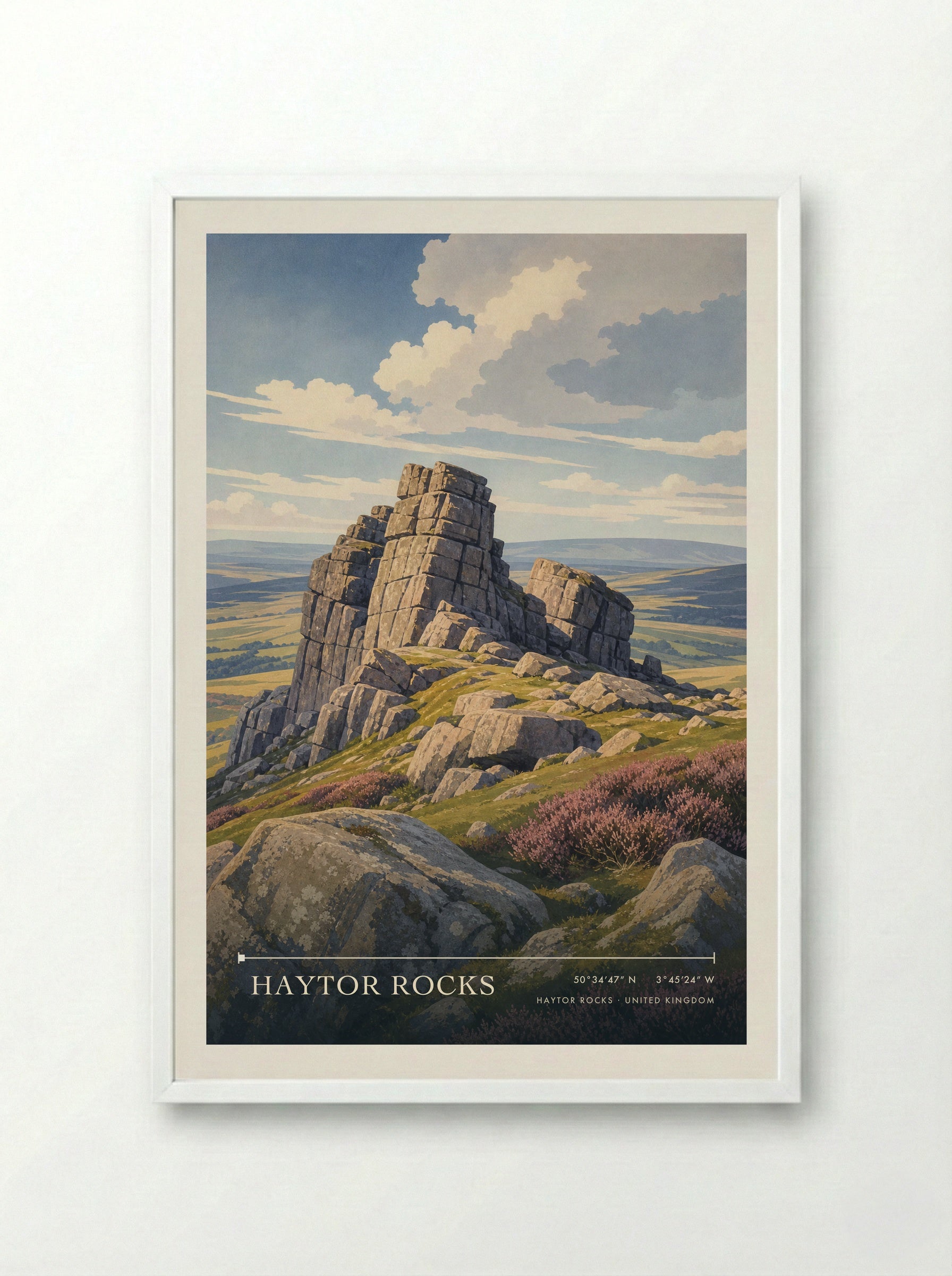 Haytor Rocks United Kingdom Travel Poster - Framed Print White