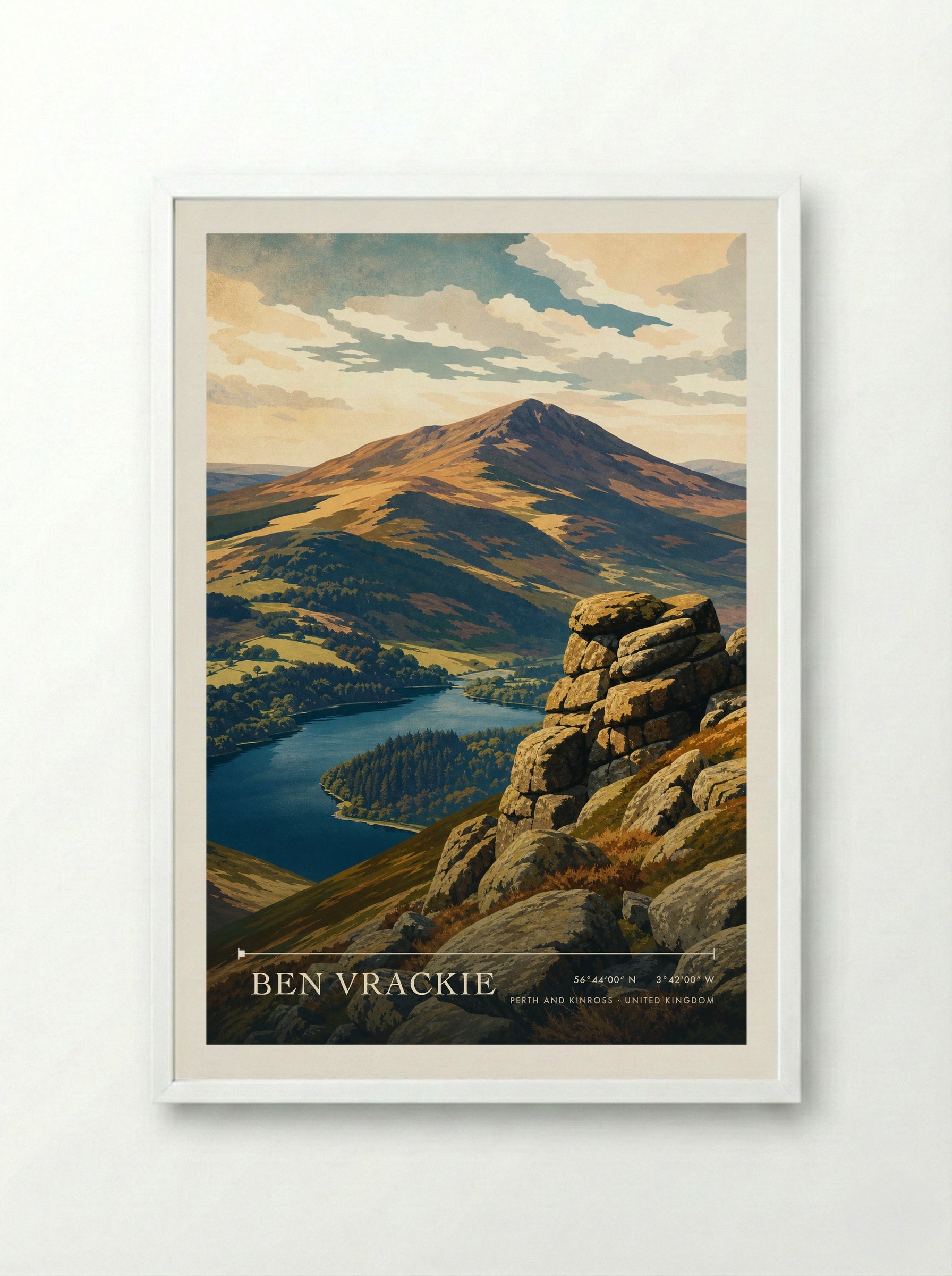 Ben Vrackie Perth and Kinross United Kingdom Travel Poster - Framed Print White