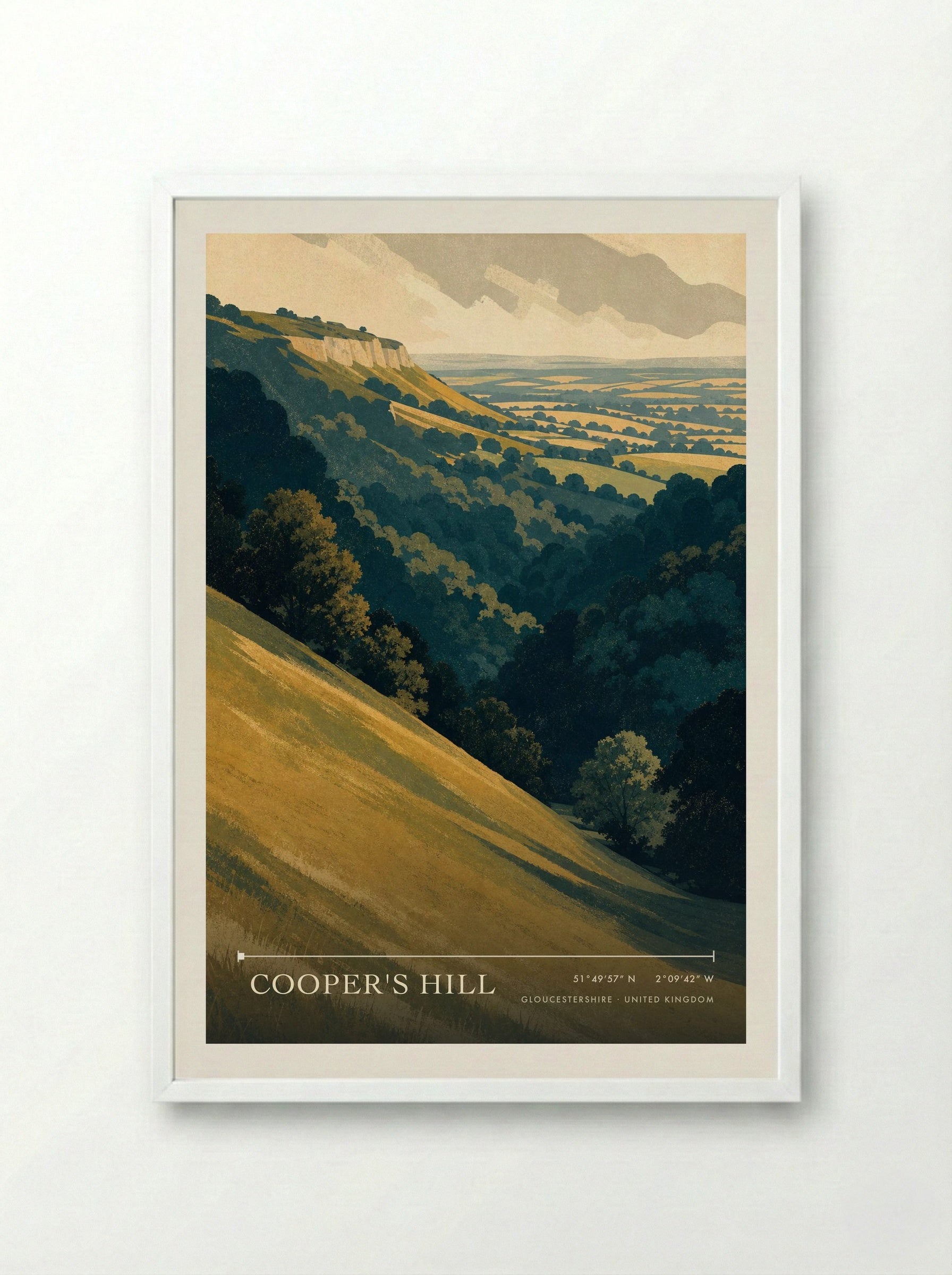 Cooper's Hill Gloucestershire United Kingdom Travel Poster - Framed Print White