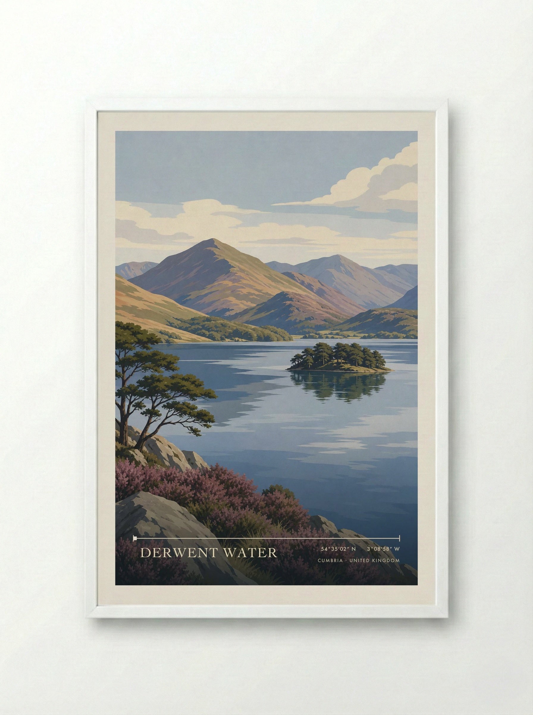 Derwent Water Cumbria United Kingdom Travel Poster - Framed Print White