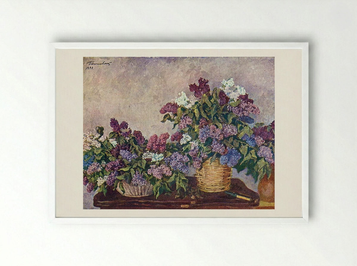 Still Life. Lilacs in two baskets. - Pyotr Konchalovsky - Framed Print White