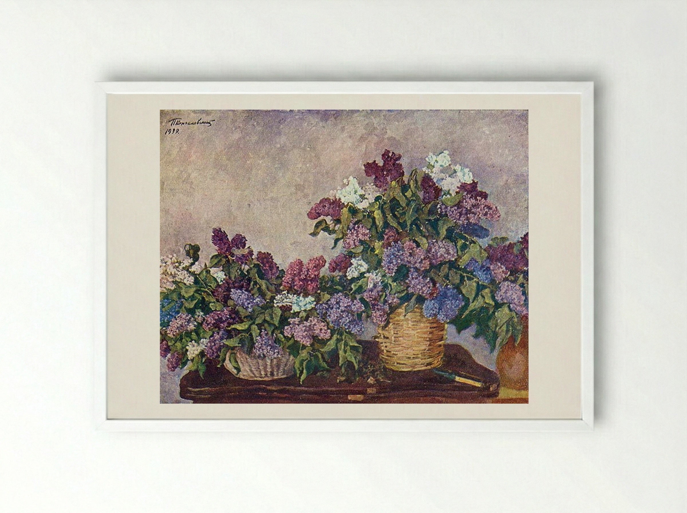 Still Life. Lilacs in two baskets. - Pyotr Konchalovsky - Framed Print White