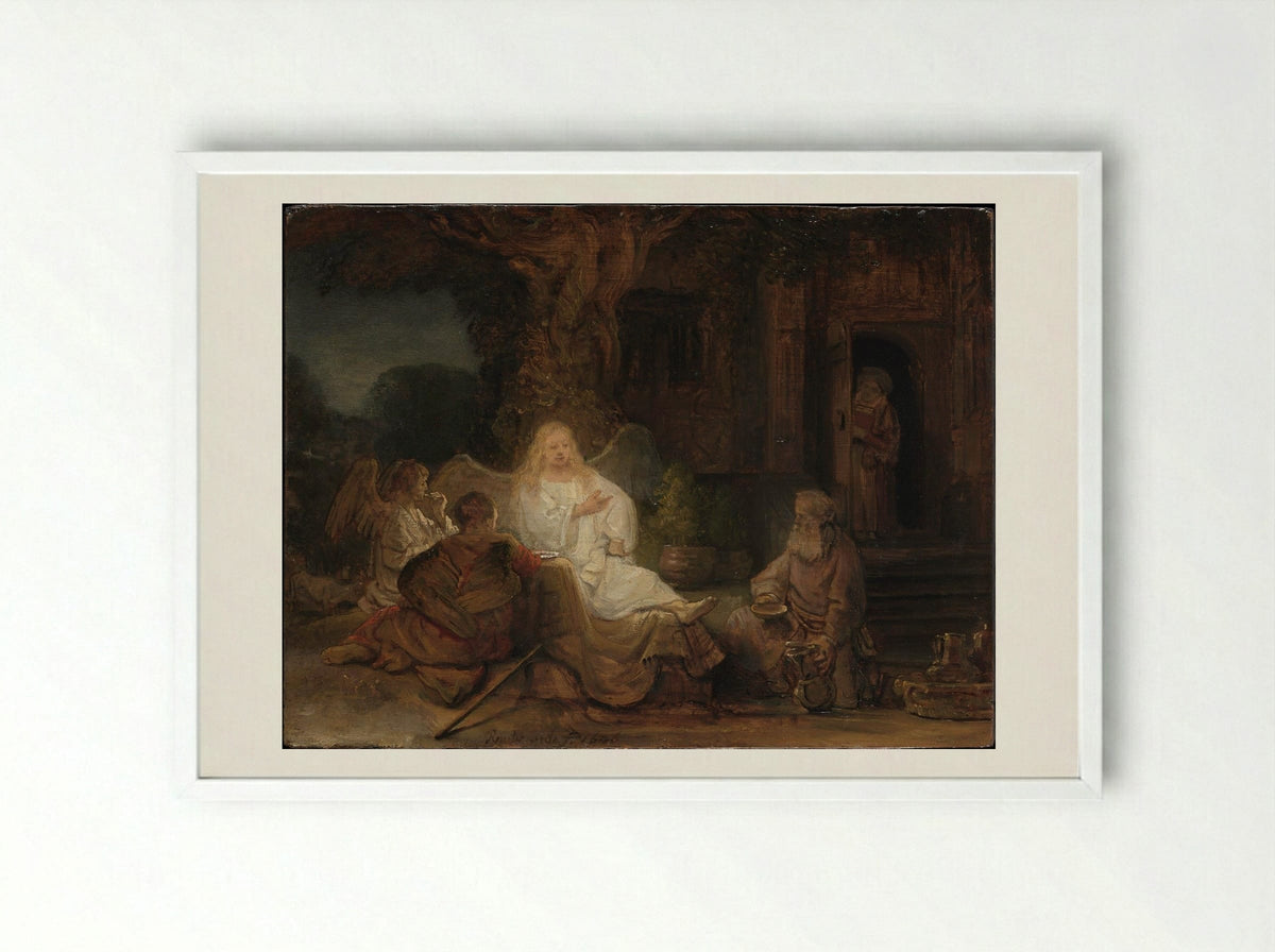 Abraham Receives the Three Angels - Rembrandt van Rijn - Framed Print White