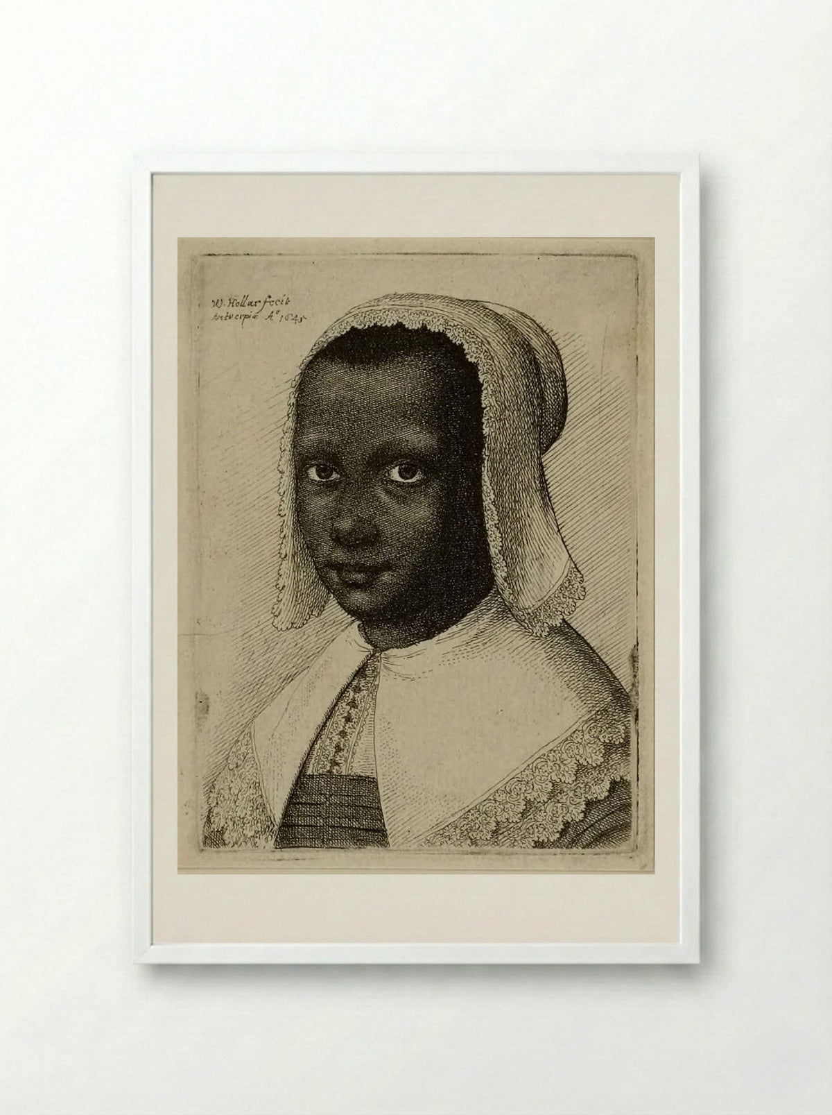 Head of a Black Woman with a Lace Kerchief Hat - Wenceslaus Hollar - Framed Print White