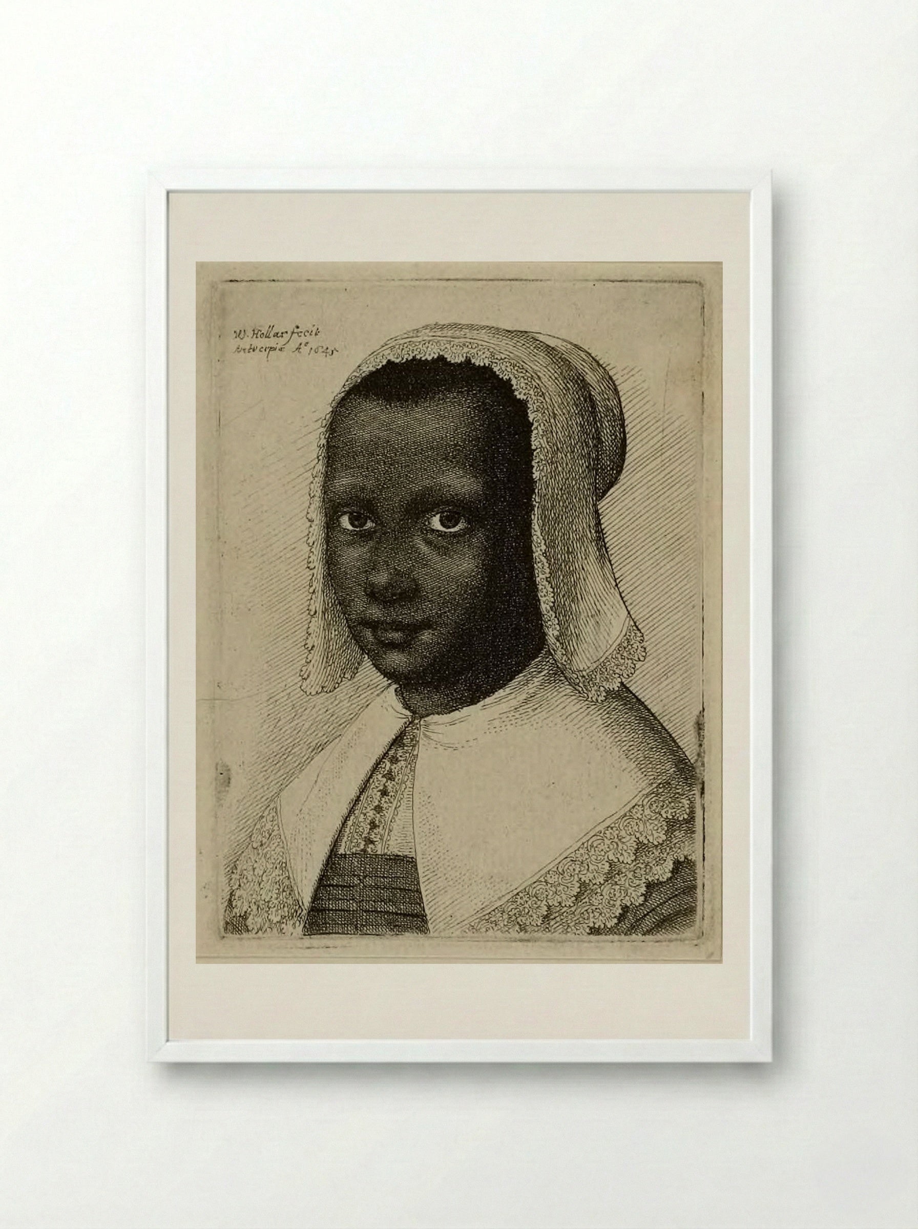 Head of a Black Woman with a Lace Kerchief Hat - Wenceslaus Hollar - Framed Print White