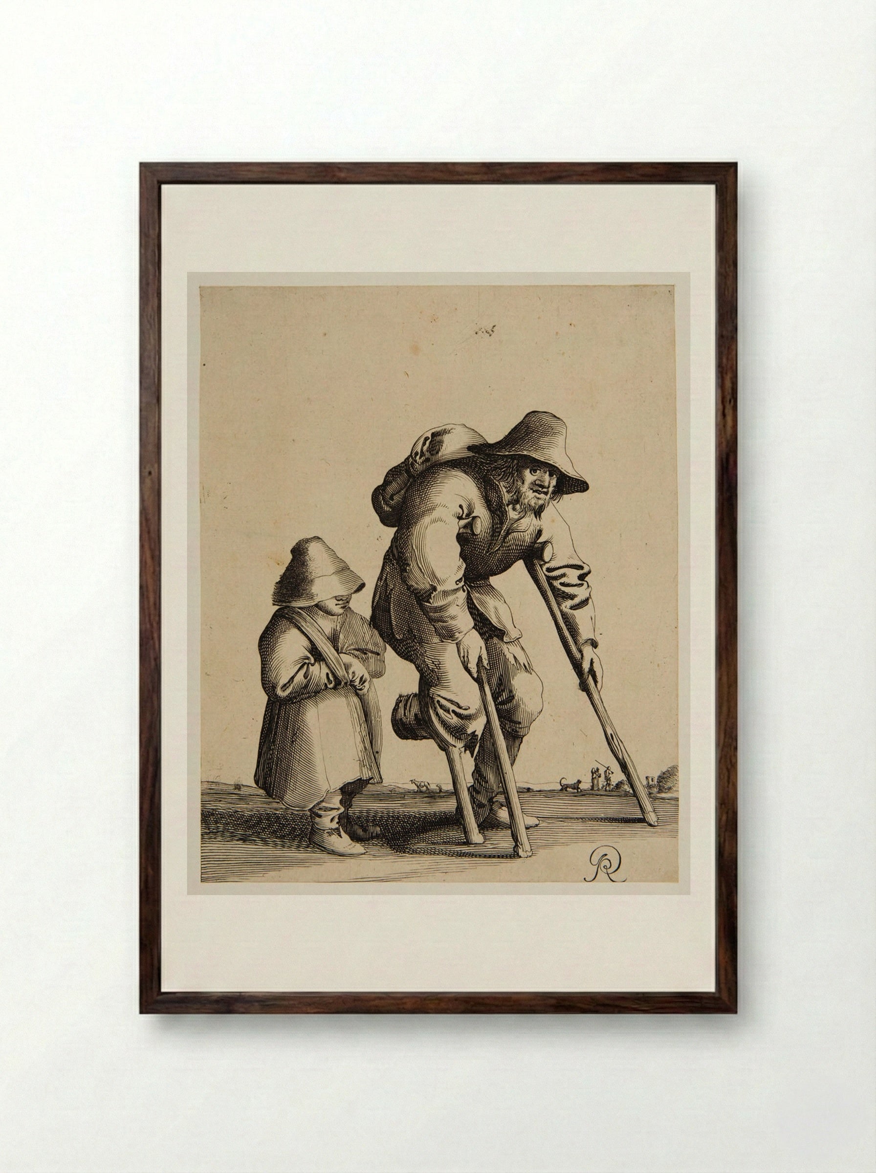 Old Man Walking with Crutches - Pieter Jansz. Quast - Framed Print Dark Wood