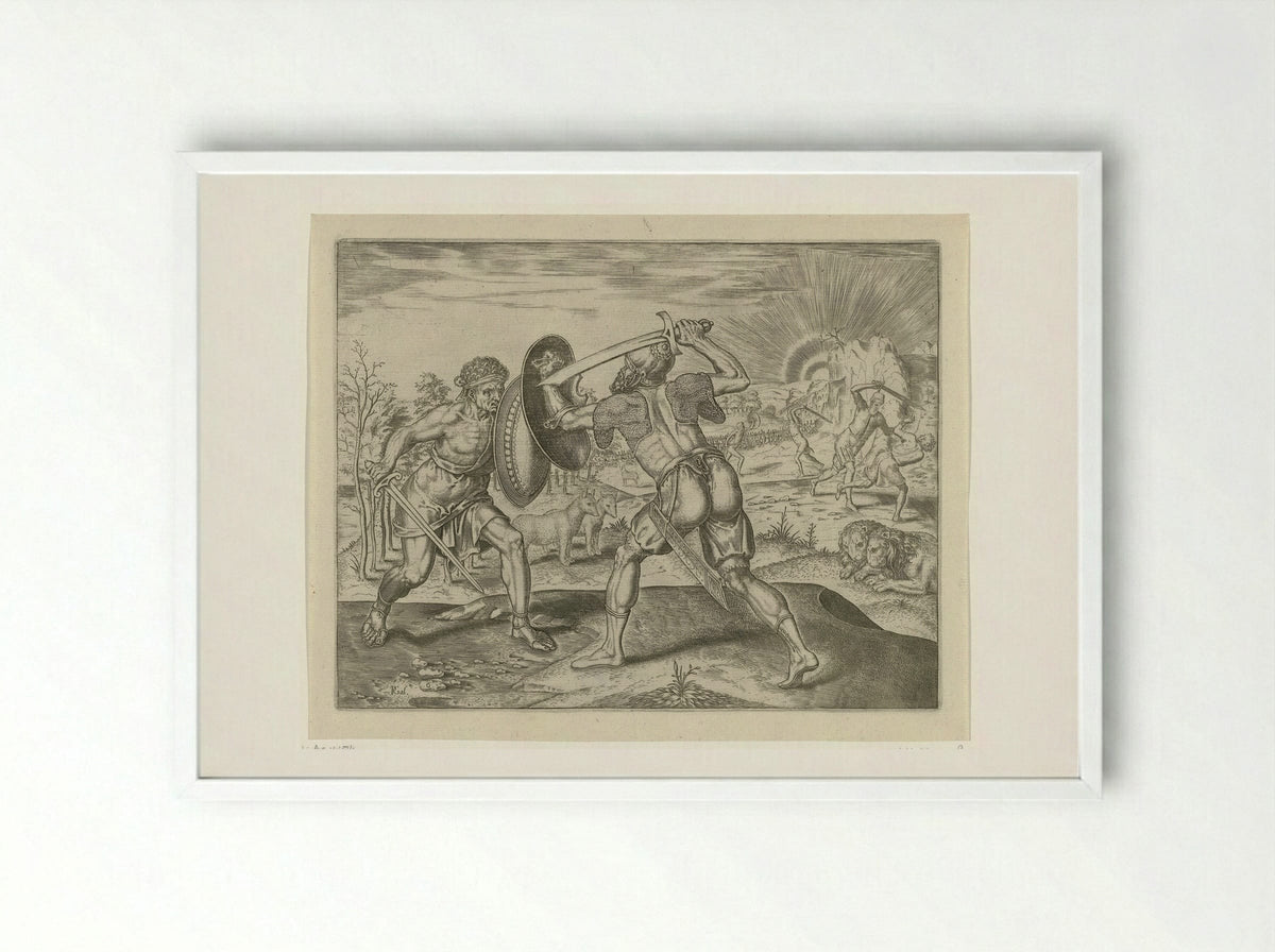 De mens vecht tegen zijn eigen soort - Philips Galle - Framed Print White