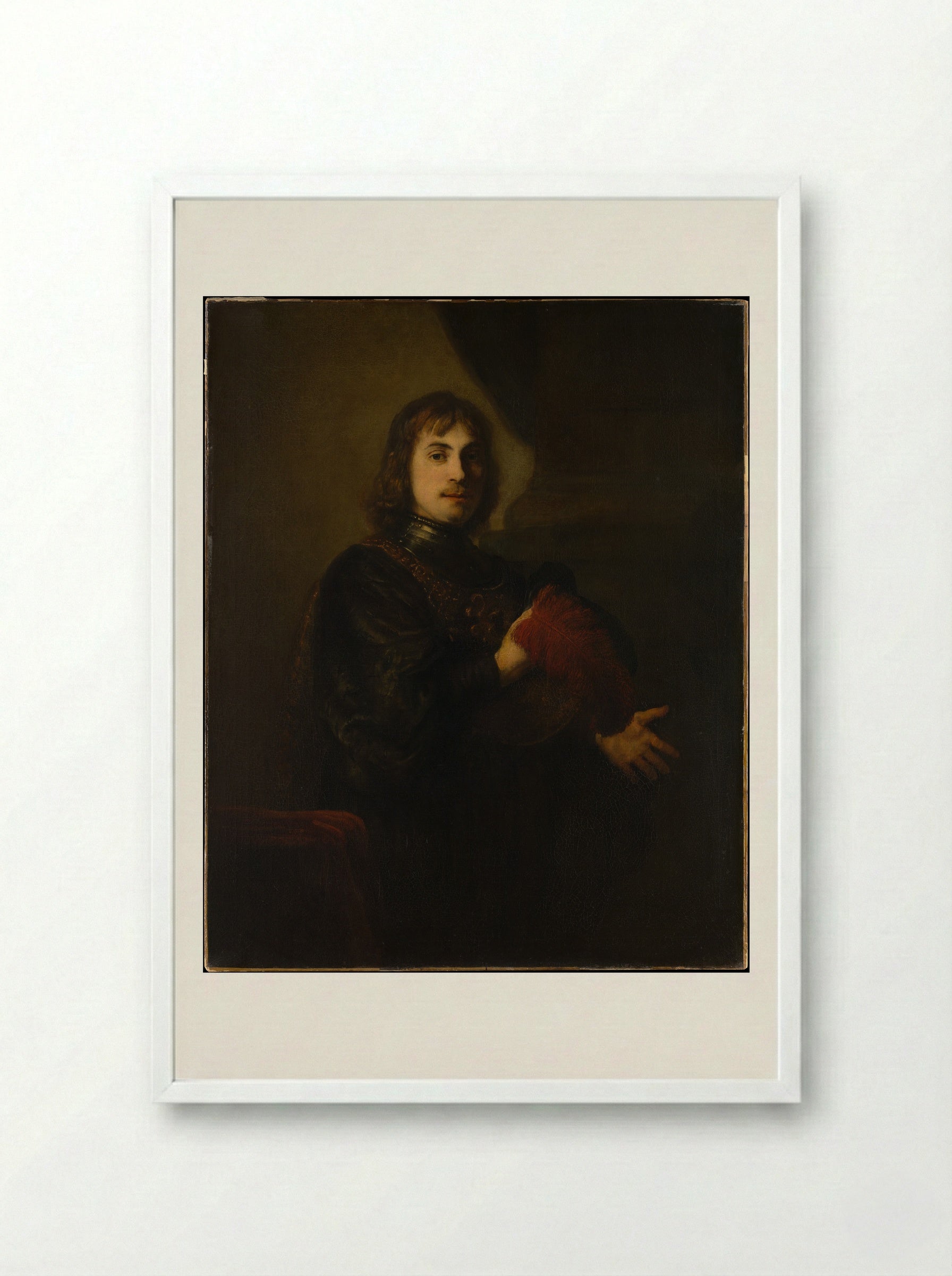 Portrait of a Man with a Breastplate and Plumed Hat - Rembrandt van Rijn - Framed Print White