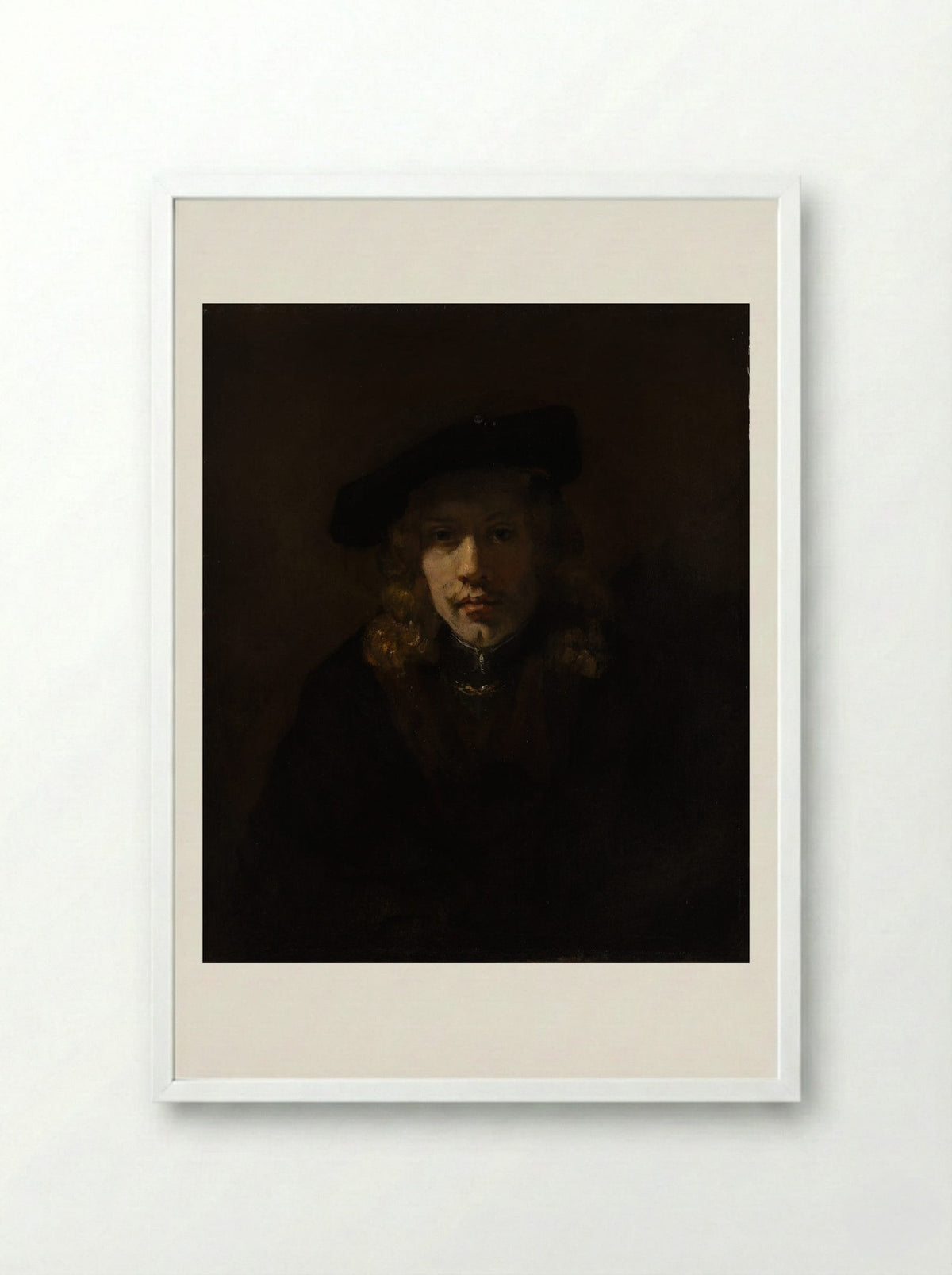 Self-Portrait with Beret and Turned-Up Collar - Rembrandt van Rijn - Framed Print White