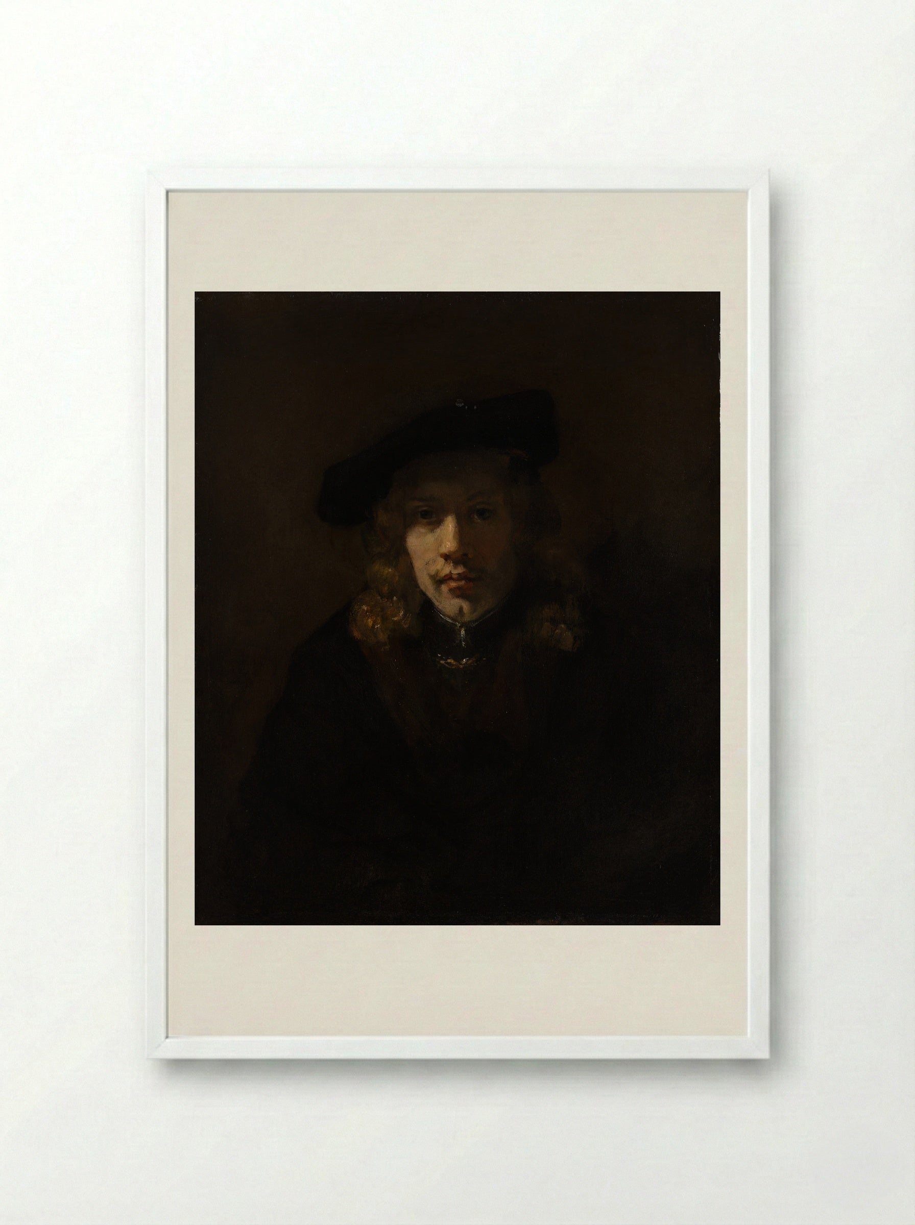 Self-Portrait with Beret and Turned-Up Collar - Rembrandt van Rijn - Framed Print White