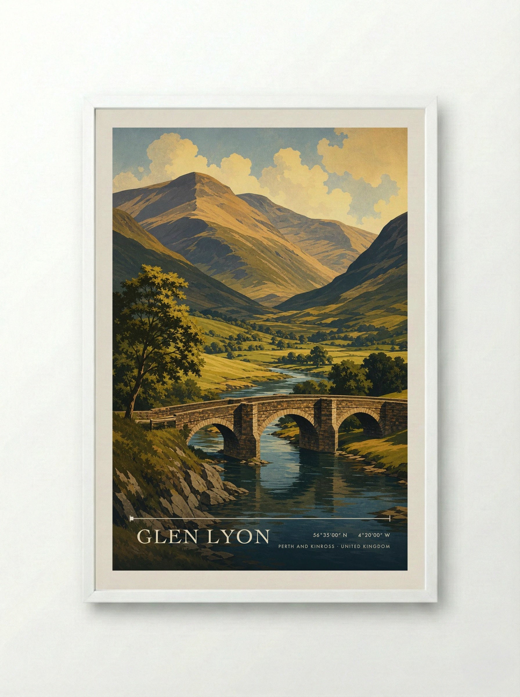 Glen Lyon Perth and Kinross United Kingdom Travel Poster - Framed Print White