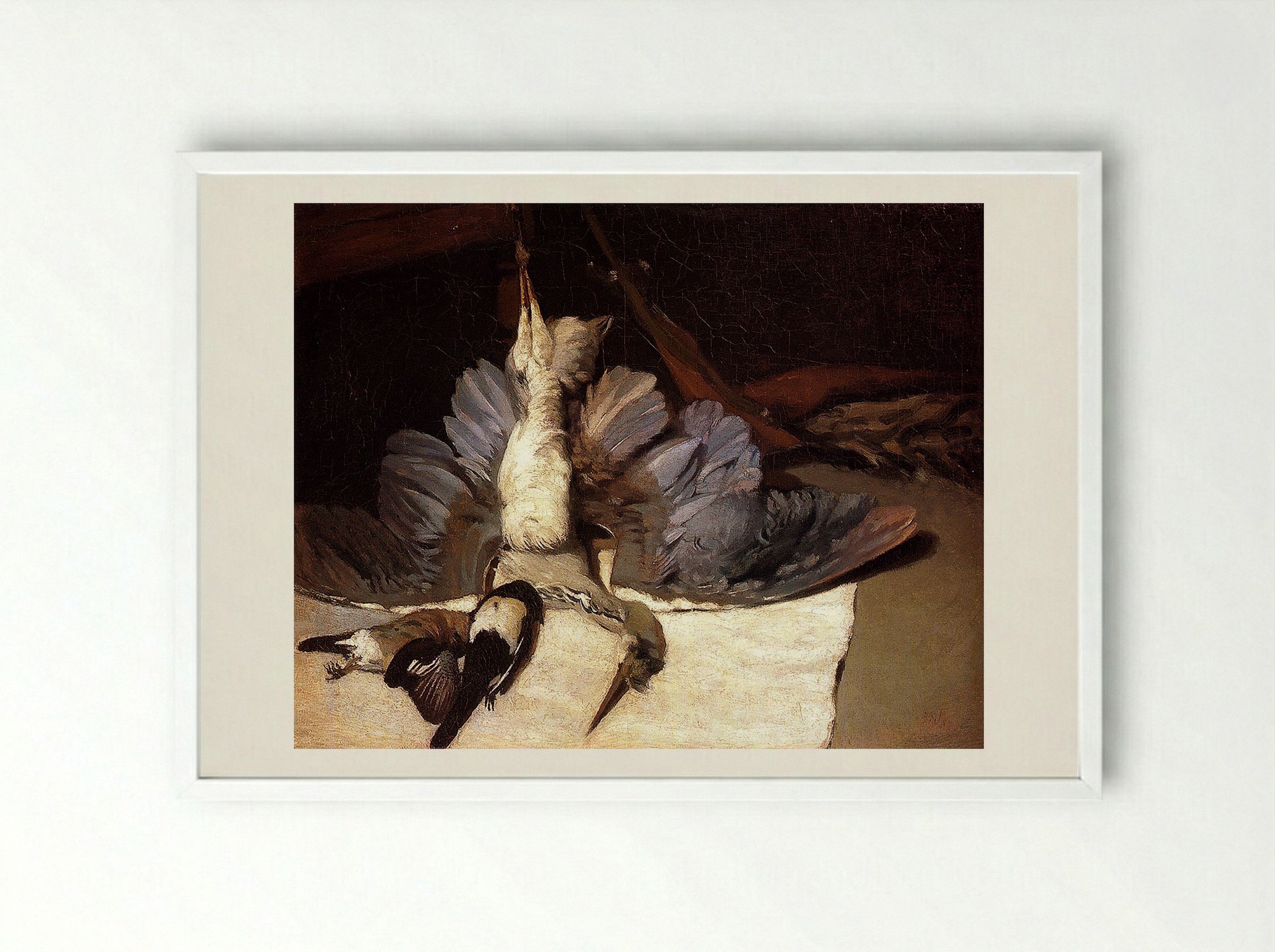 Still Life with Heron and Other Birds - Jean-Baptiste Oudry - Framed Print White