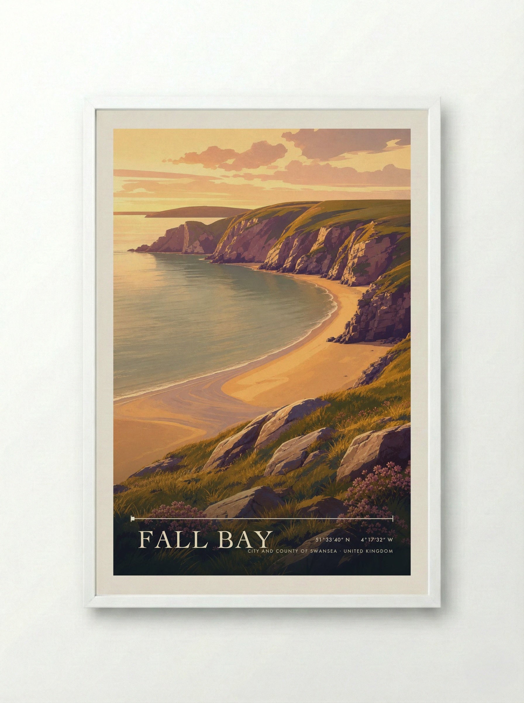 Fall Bay City and County of Swansea United Kingdom Travel Poster - Framed Print White