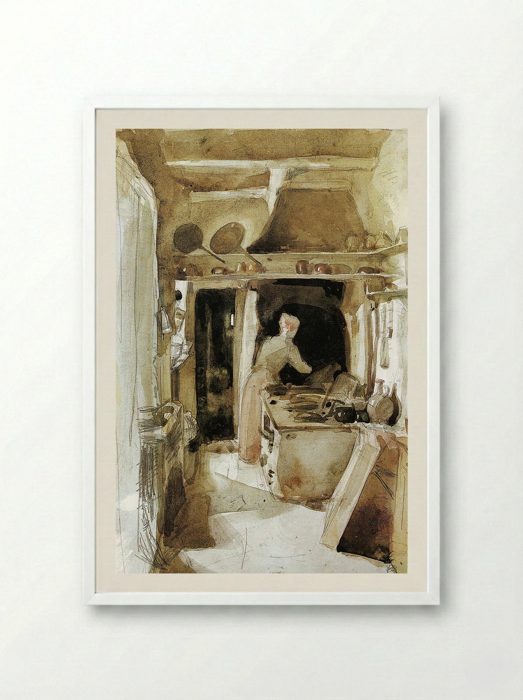 The Kitchen - Carl Larsson - Framed Print White