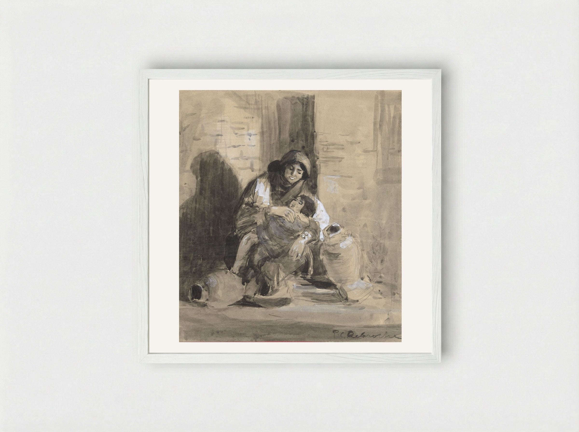 Seated Jewish Woman from Gaza, with her Child and Two Large Pitchers - Paul Delaroche - Framed Print White
