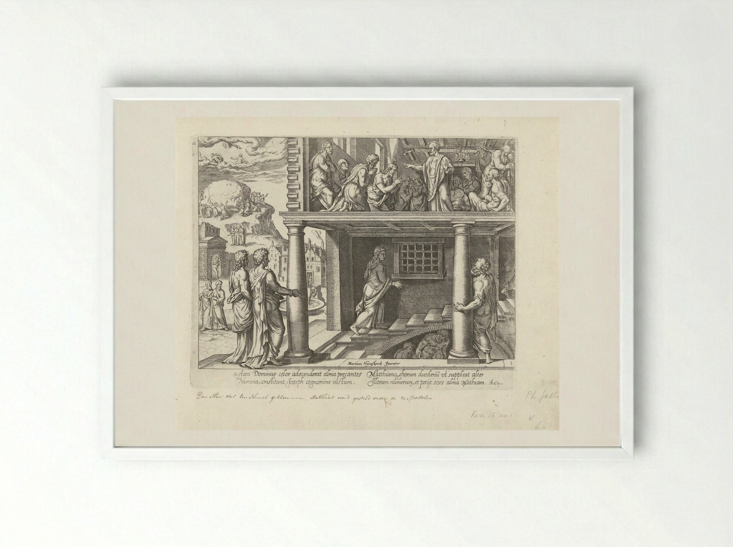 Hemelvaart van Christus en verkiezing van Mattias - Philips Galle - Framed Print White