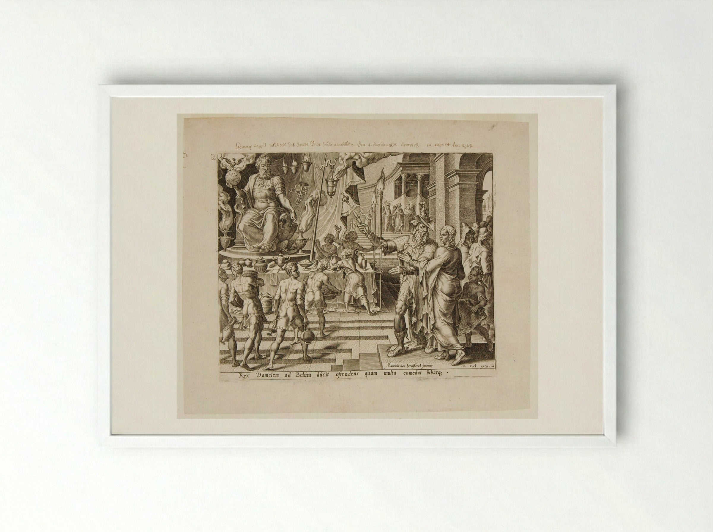 King Cyrus and the Priests Show Baal to Daniel - Philips Galle - Framed Print White