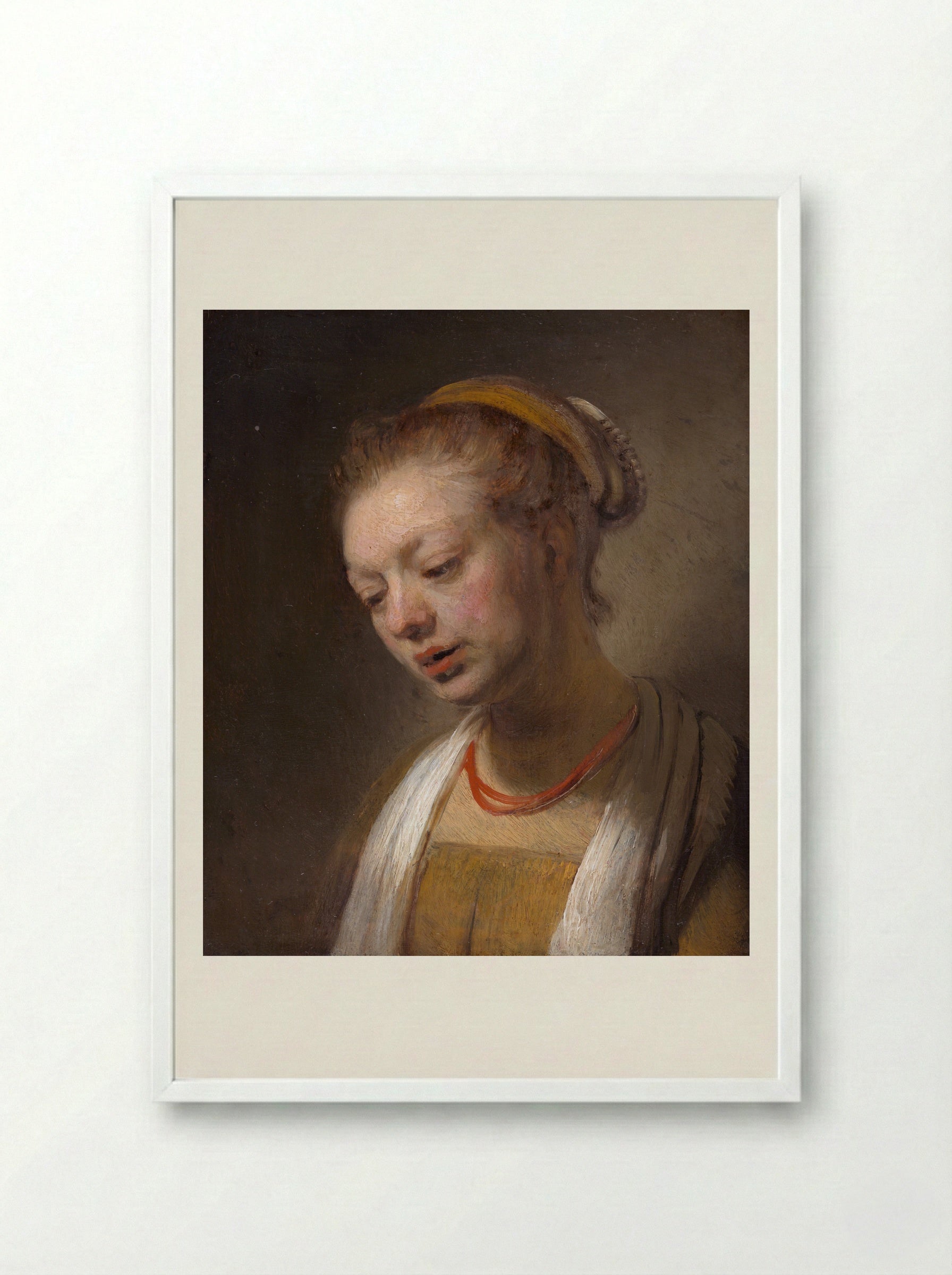 Young Woman with a Red Necklace - Rembrandt van Rijn - Framed Print White
