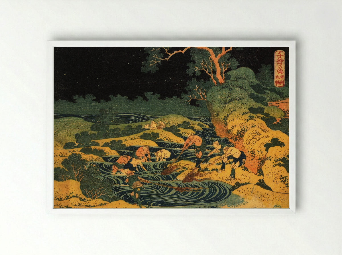 Fishing by Torchlight in Kai Province - Utagawa Hiroshige - Framed Print White